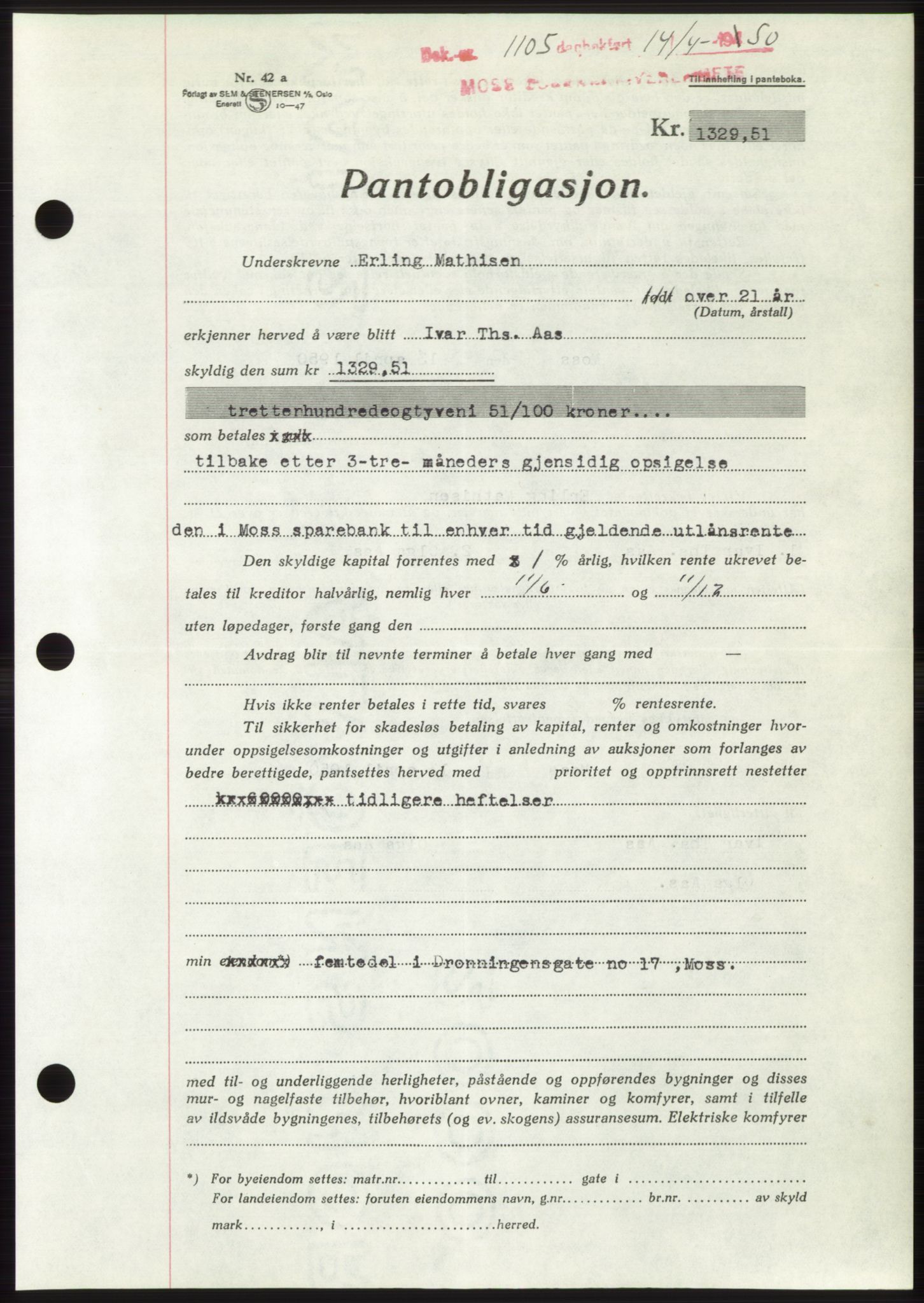 Moss sorenskriveri, AV/SAO-A-10168: Mortgage book no. B24, 1950-1950, Diary no: : 1105/1950