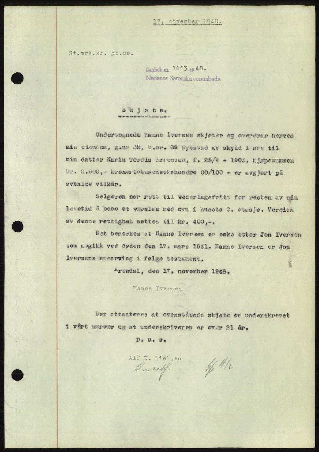 Nedenes sorenskriveri, AV/SAK-1221-0006/G/Gb/Gba/L0060: Mortgage book no. A12, 1948-1949, Diary no: : 1663/1948