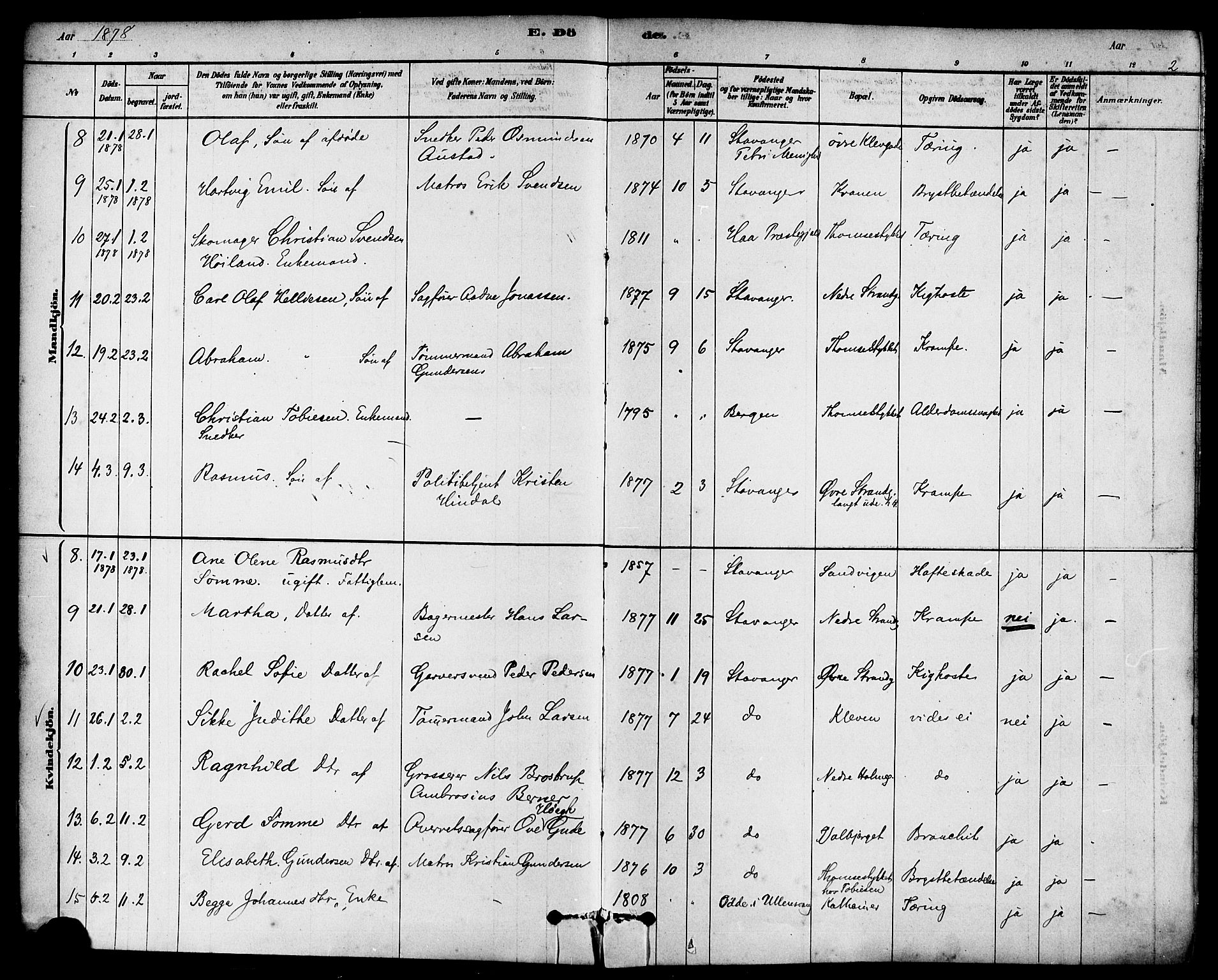 Domkirken sokneprestkontor, AV/SAST-A-101812/001/30/30BA/L0027: Parish register (official) no. A 26, 1878-1896, p. 2