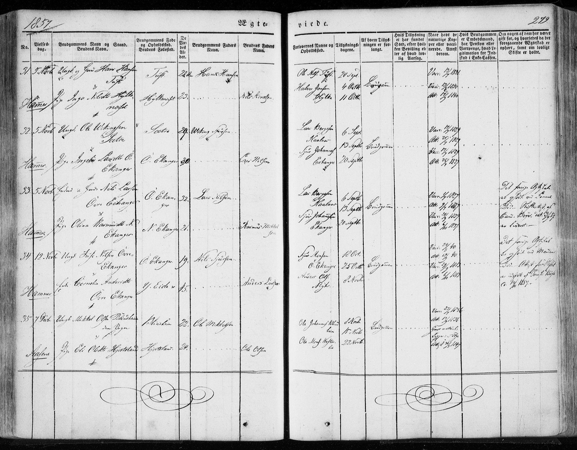 Hamre sokneprestembete, SAB/A-75501/H/Ha/Haa/Haaa/L0013: Parish register (official) no. A 13, 1846-1857, p. 279