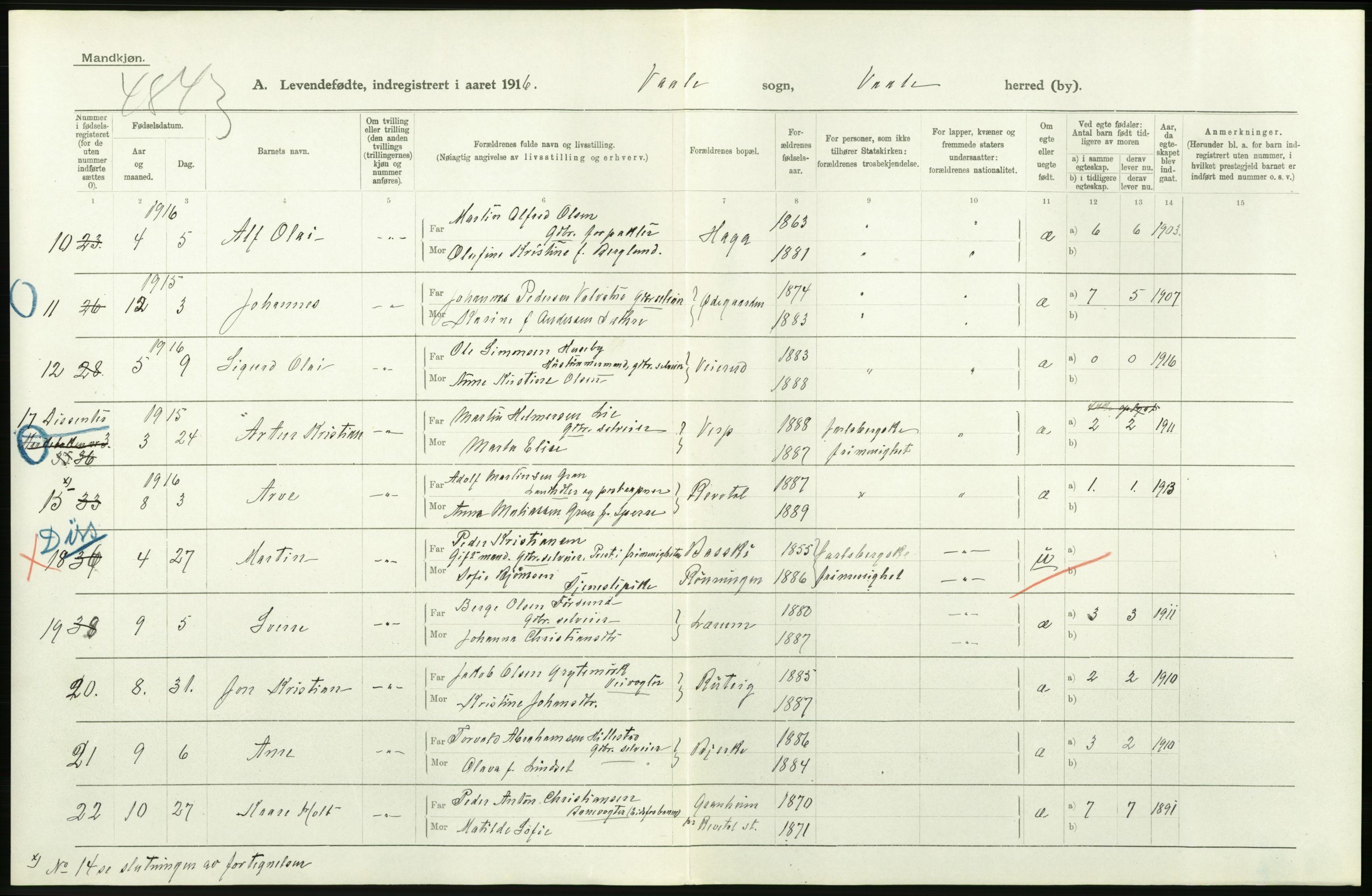 Statistisk sentralbyrå, Sosiodemografiske emner, Befolkning, AV/RA-S-2228/D/Df/Dfb/Dfbf/L0020: Jarlsberg og Larviks amt: Levendefødte menn og kvinner. Bygder og byer., 1916, p. 320