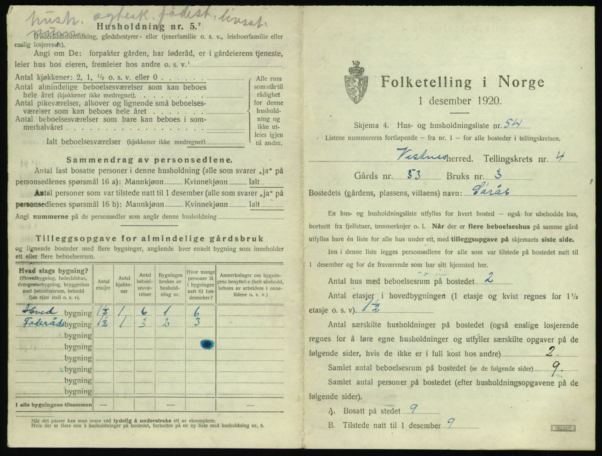 SAT, 1920 census for Vestnes, 1920, p. 573