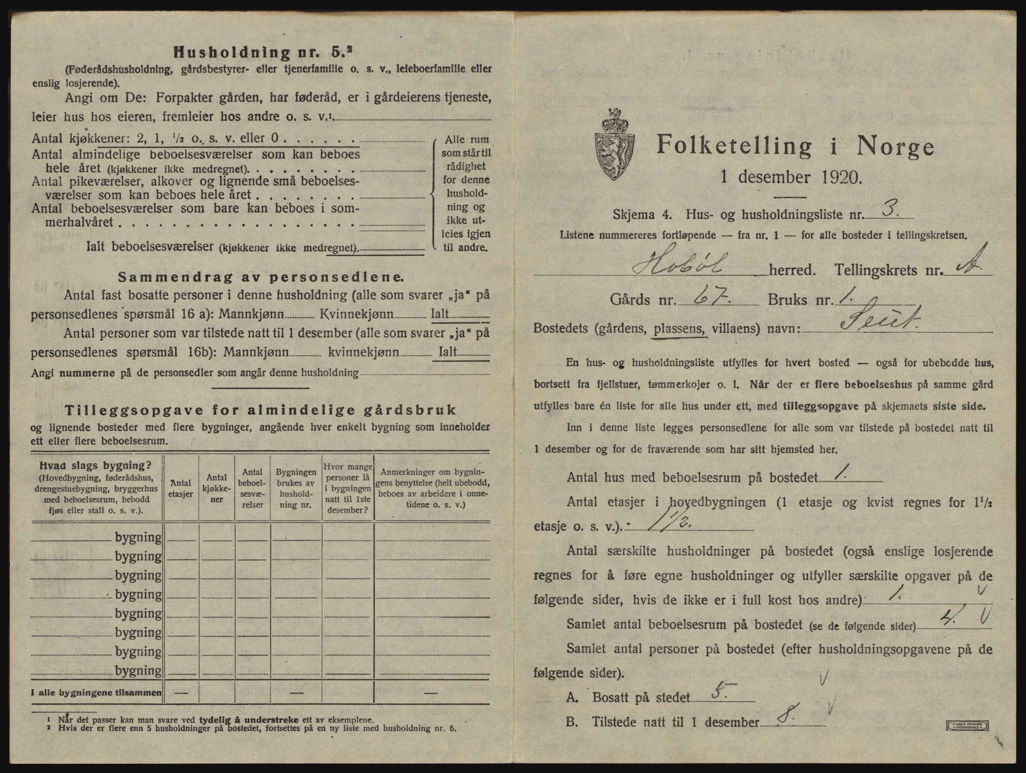 SAO, 1920 census for Hobøl, 1920, p. 40