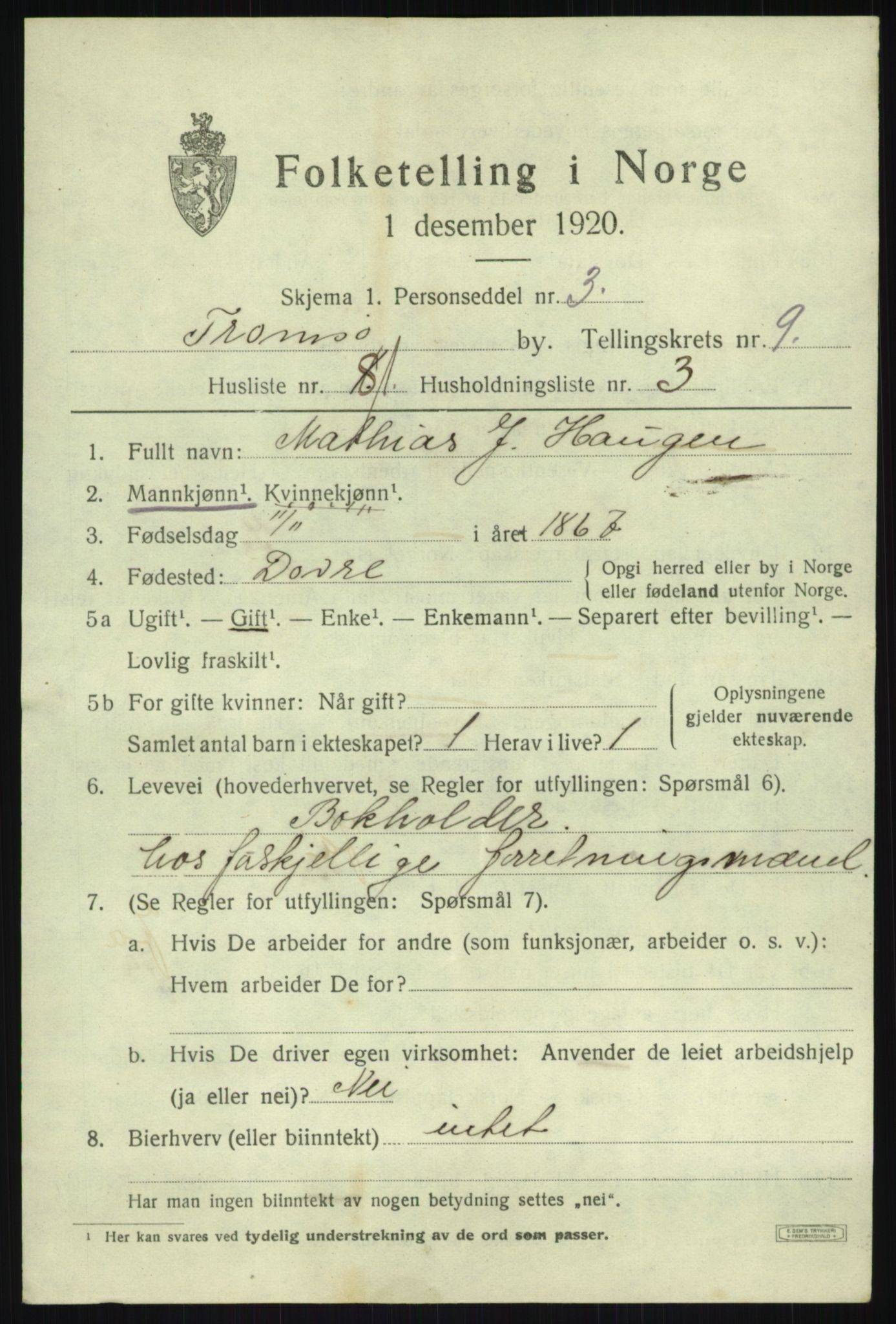 SATØ, 1920 census for Tromsø, 1920, p. 20220