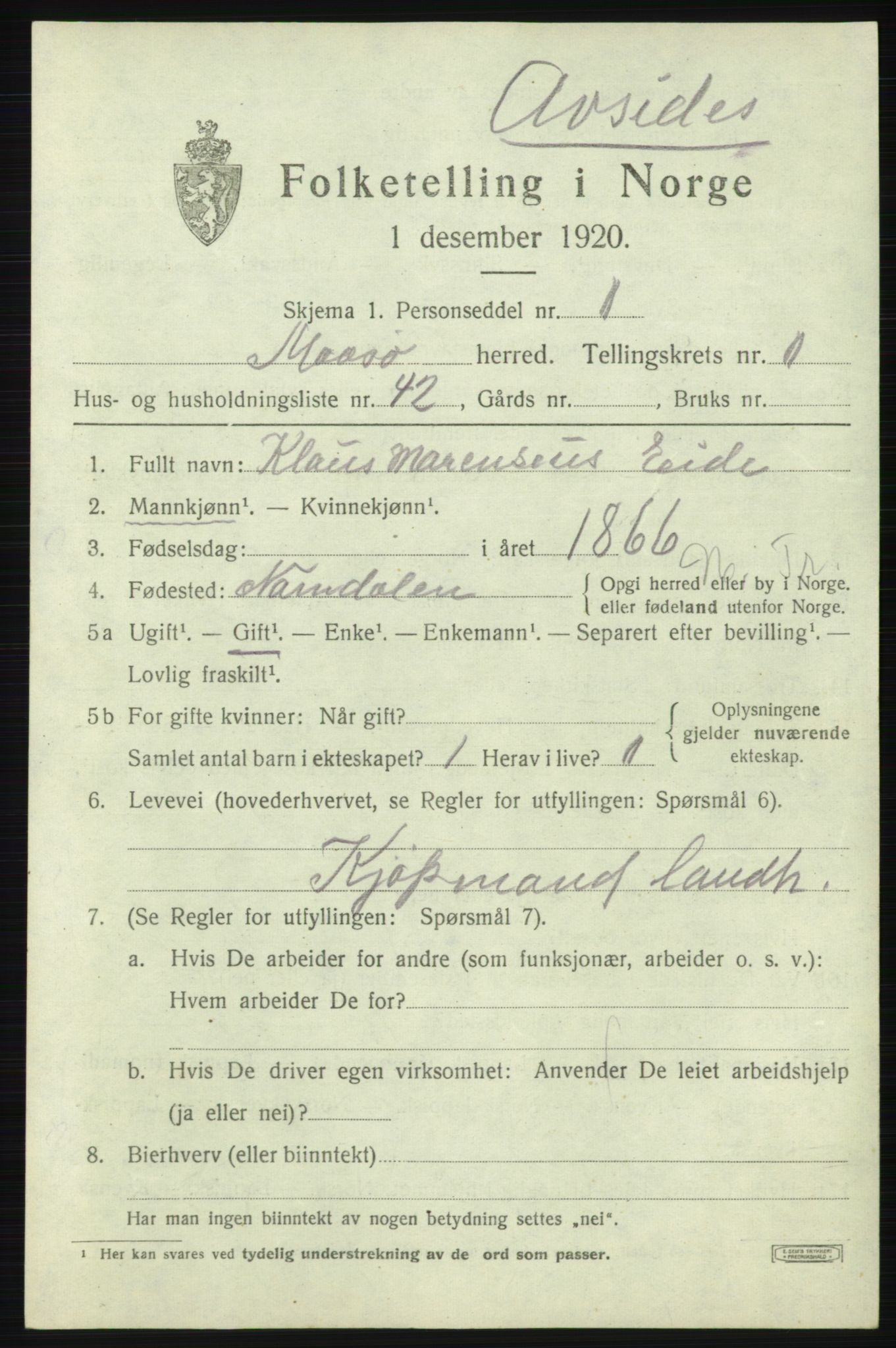 SATØ, 1920 census for Måsøy, 1920, p. 1274