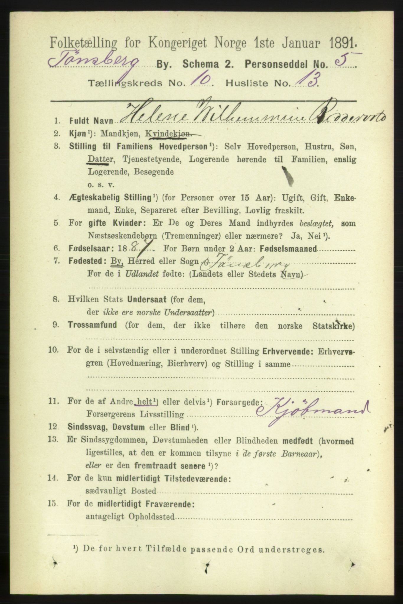 RA, 1891 census for 0705 Tønsberg, 1891, p. 3765