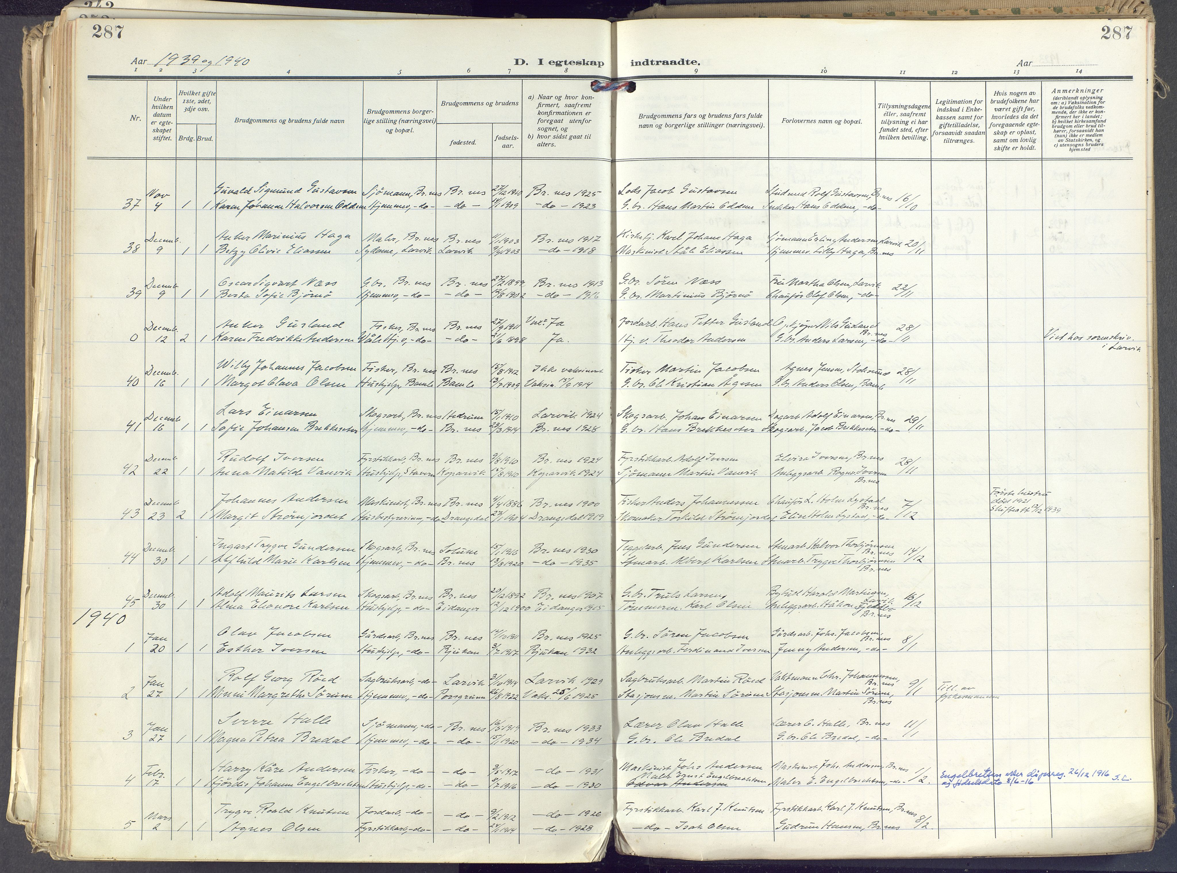 Brunlanes kirkebøker, AV/SAKO-A-342/F/Fc/L0004: Parish register (official) no. III 4, 1923-1943, p. 287