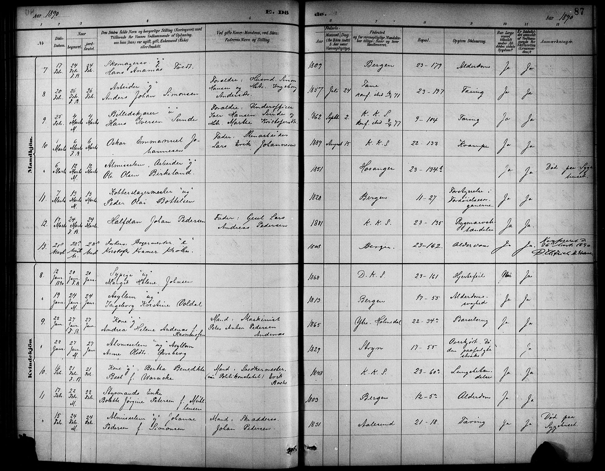 Korskirken sokneprestembete, SAB/A-76101/H/Haa/L0047: Parish register (official) no. E 5, 1884-1910, p. 87