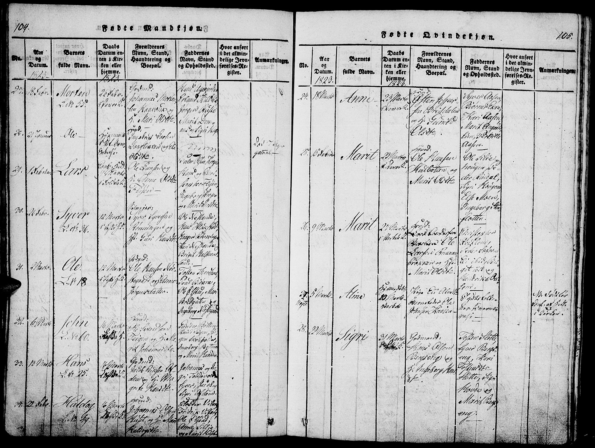 Lesja prestekontor, AV/SAH-PREST-068/H/Ha/Haa/L0004: Parish register (official) no. 4, 1820-1829, p. 104-105