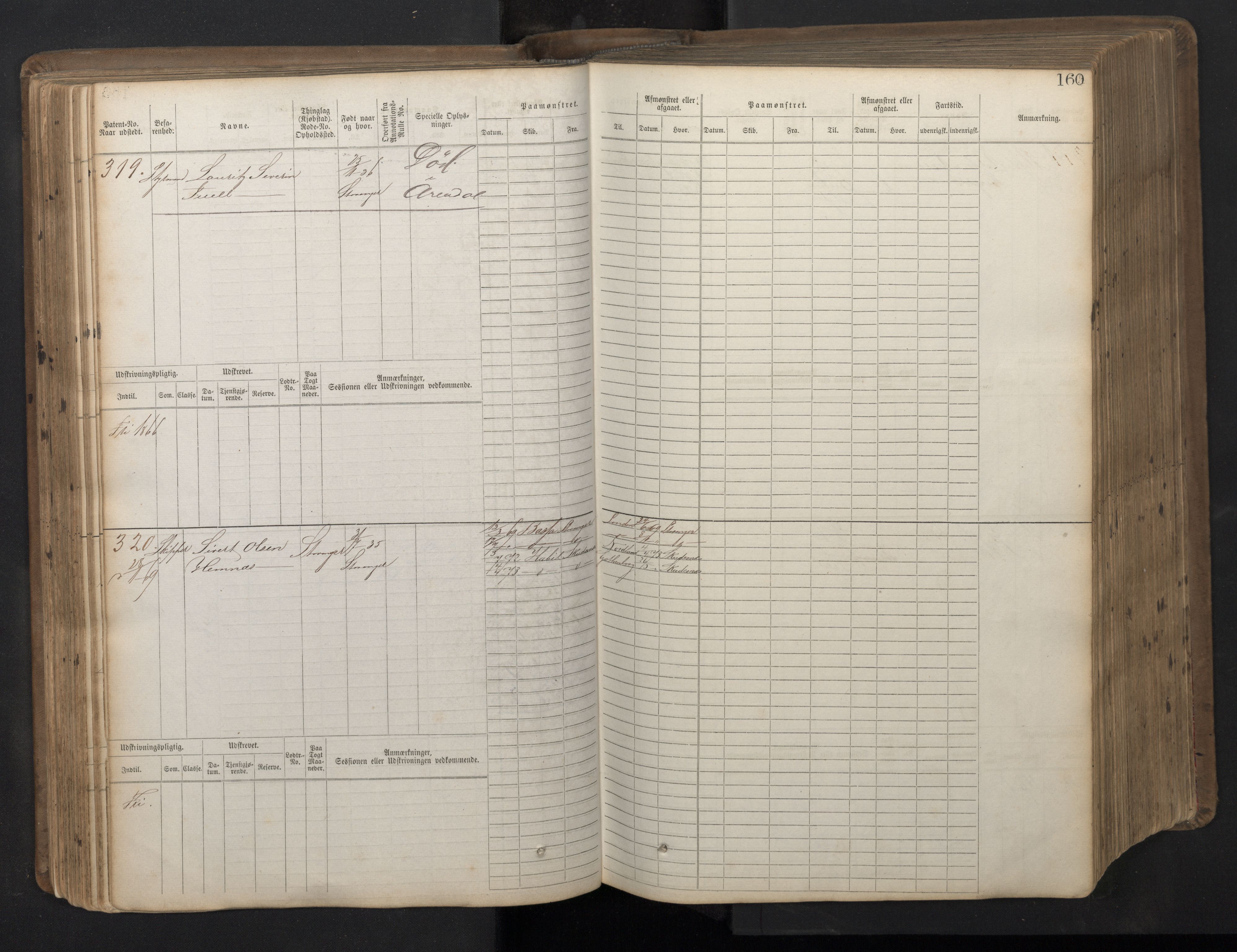 Stavanger sjømannskontor, AV/SAST-A-102006/F/Fb/Fbb/L0016: Sjøfartshovedrulle patnentnr. 1-1202 (dublett), 1869, p. 160