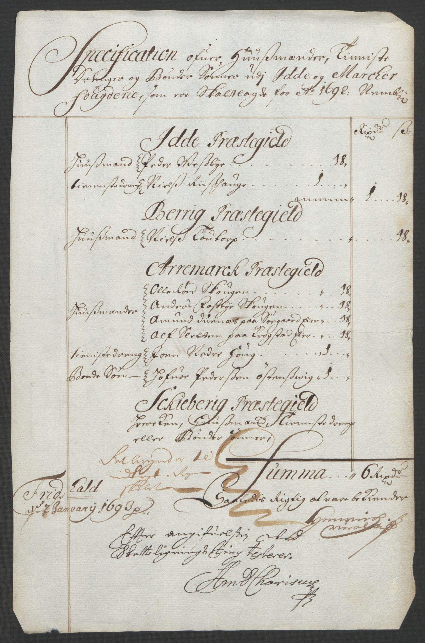 Rentekammeret inntil 1814, Reviderte regnskaper, Fogderegnskap, RA/EA-4092/R01/L0011: Fogderegnskap Idd og Marker, 1692-1693, p. 87