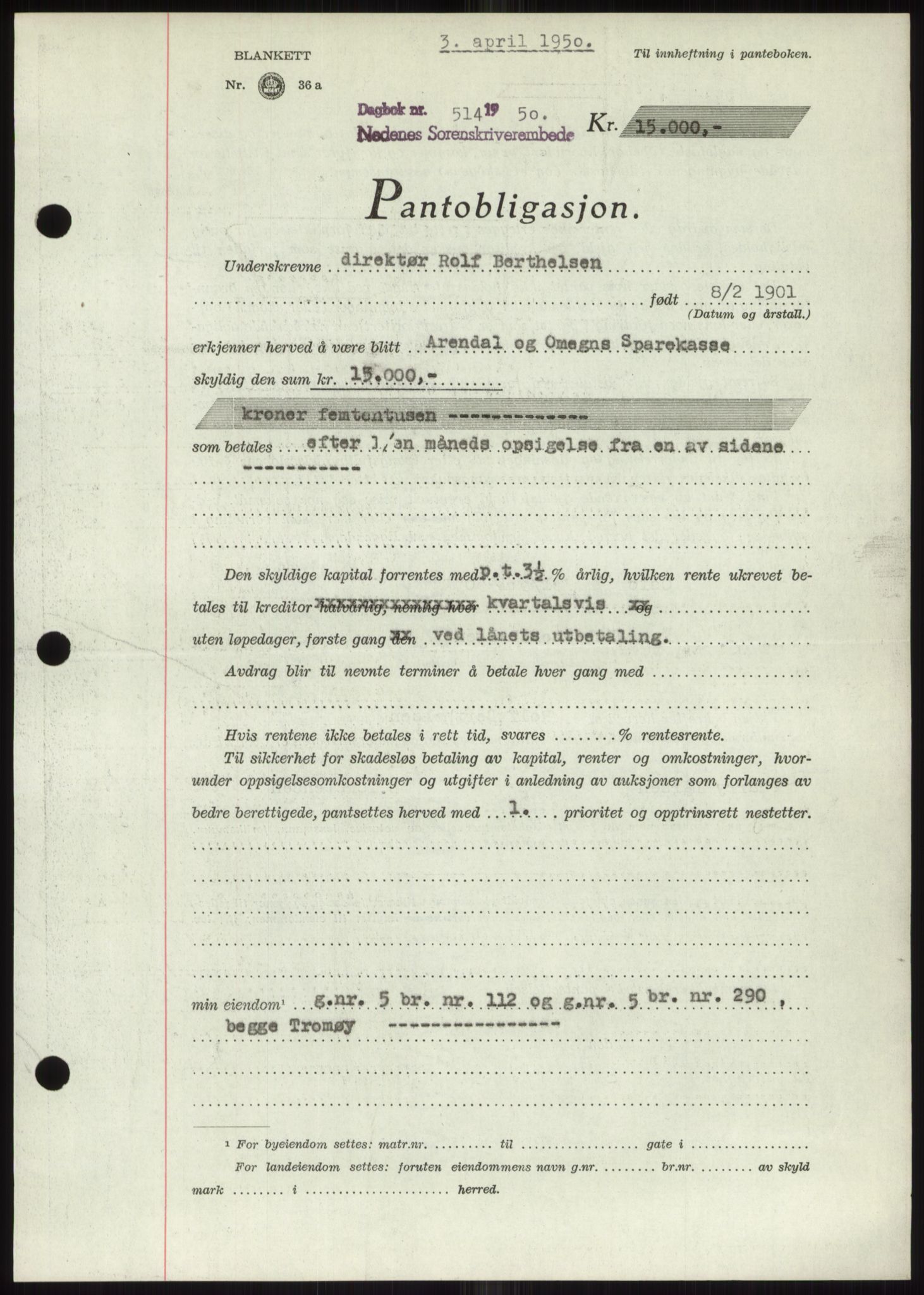 Nedenes sorenskriveri, AV/SAK-1221-0006/G/Gb/Gbb/L0007: Mortgage book no. B7, 1949-1950, Diary no: : 514/1950