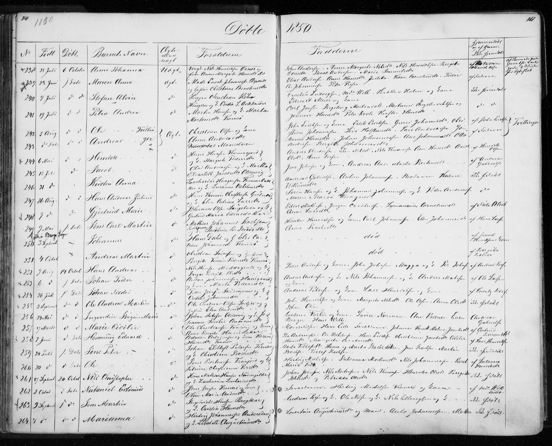 Tromsø sokneprestkontor/stiftsprosti/domprosti, AV/SATØ-S-1343/G/Gb/L0005klokker: Parish register (copy) no. 5, 1846-1857, p. 110-111