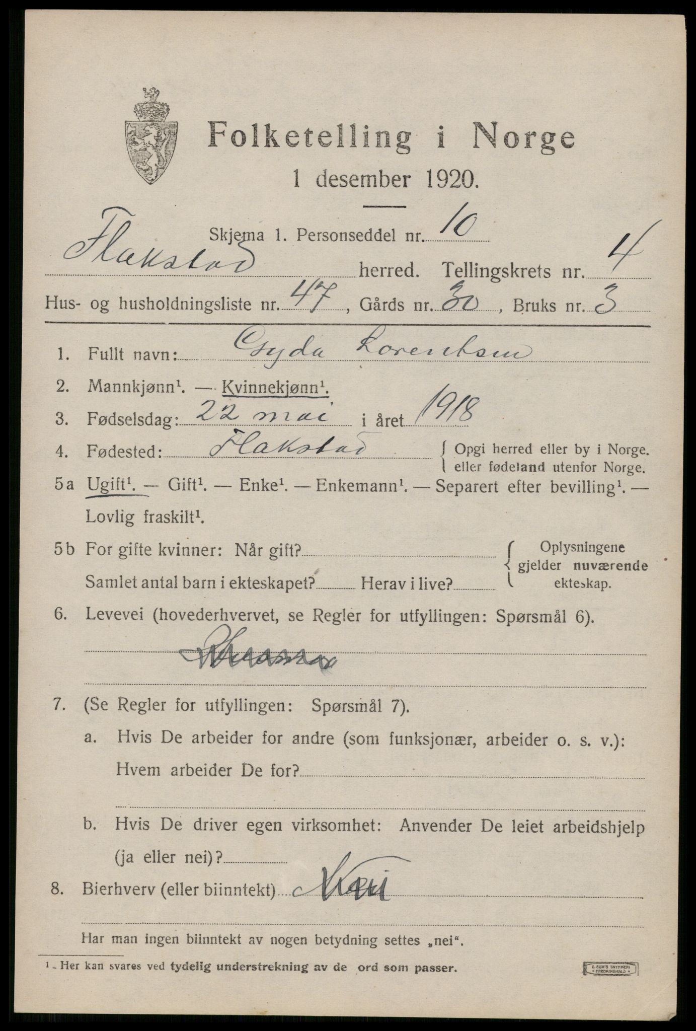 SAT, 1920 census for Flakstad, 1920, p. 3479