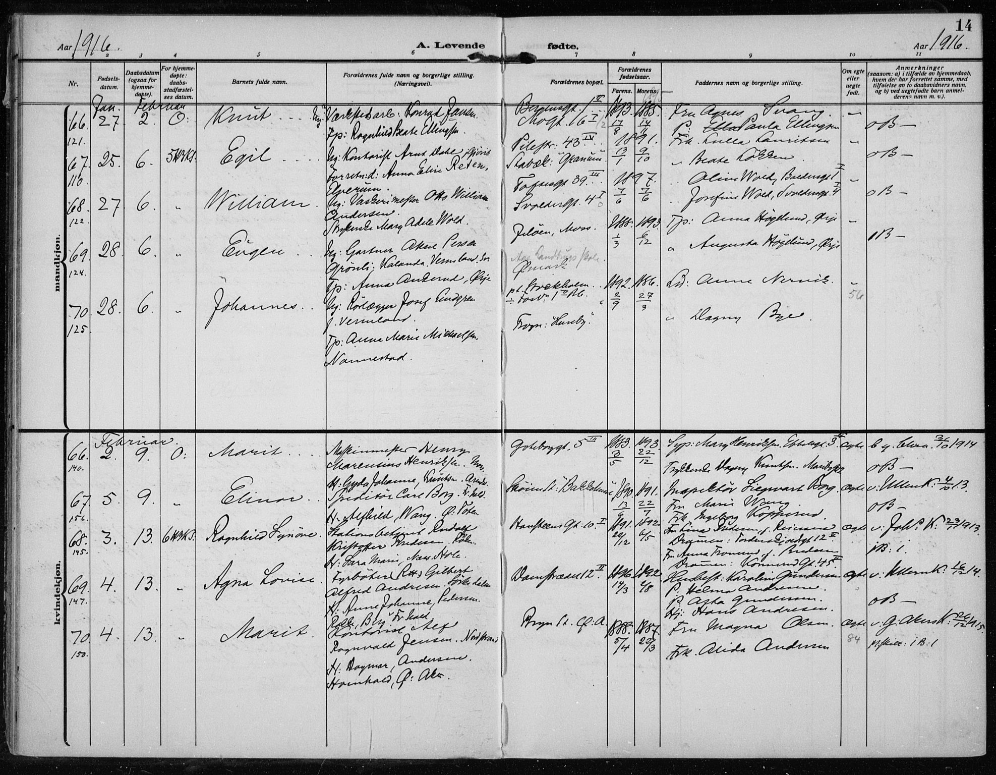 Rikshospitalet prestekontor Kirkebøker, AV/SAO-A-10309b/F/L0016: Parish register (official) no. 16, 1916-1918, p. 14