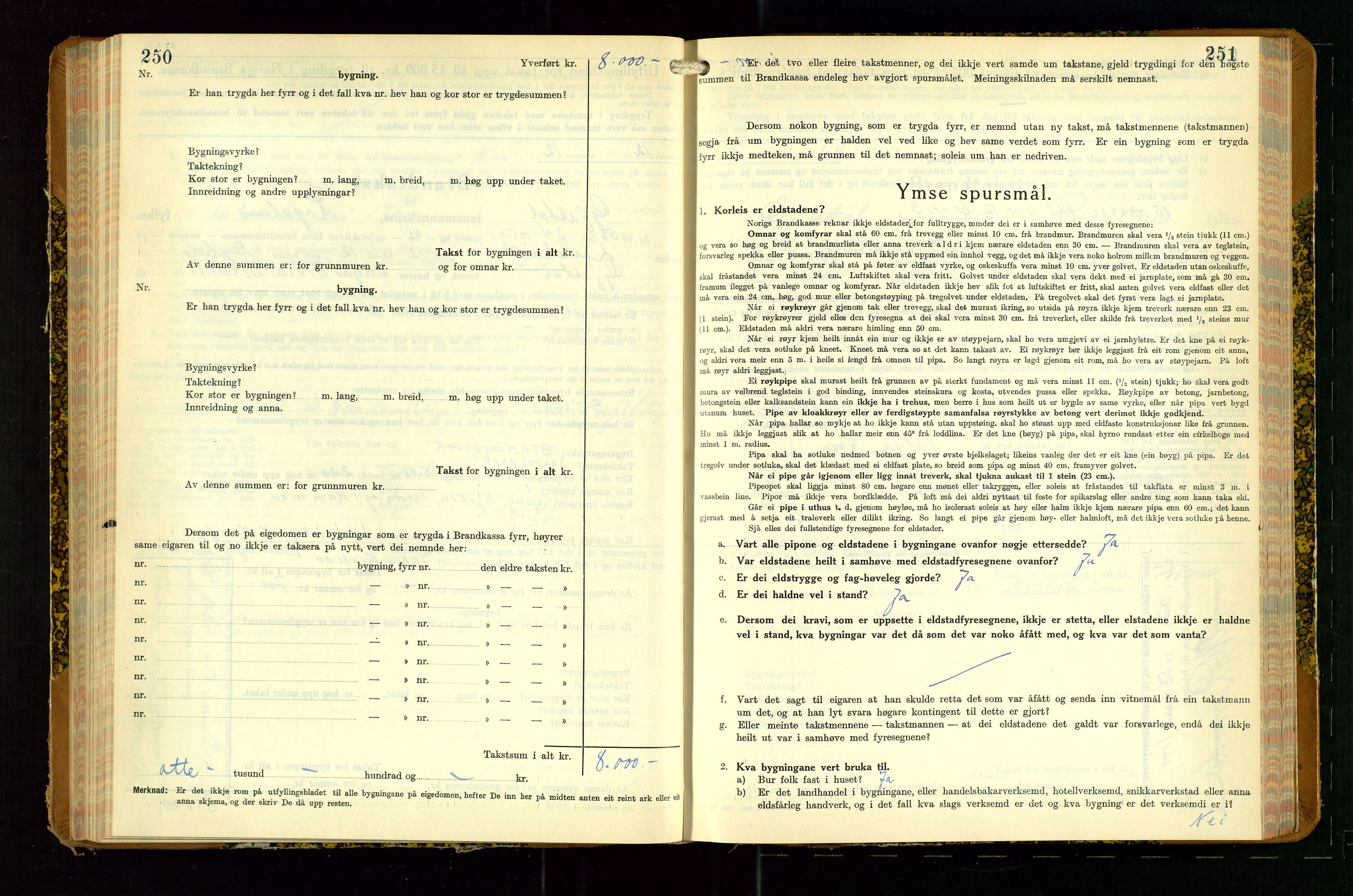 Gjesdal lensmannskontor, SAST/A-100441/Go/L0008: Branntakstskjemaprotokoll, 1937-1955, p. 250-251