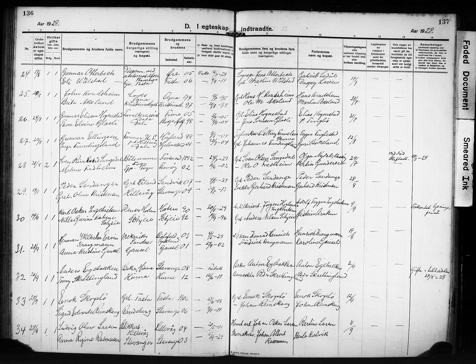 Hetland sokneprestkontor, SAST/A-101826/30/30BB/L0009: Parish register (copy) no. B 9, 1910-1931, p. 136-137