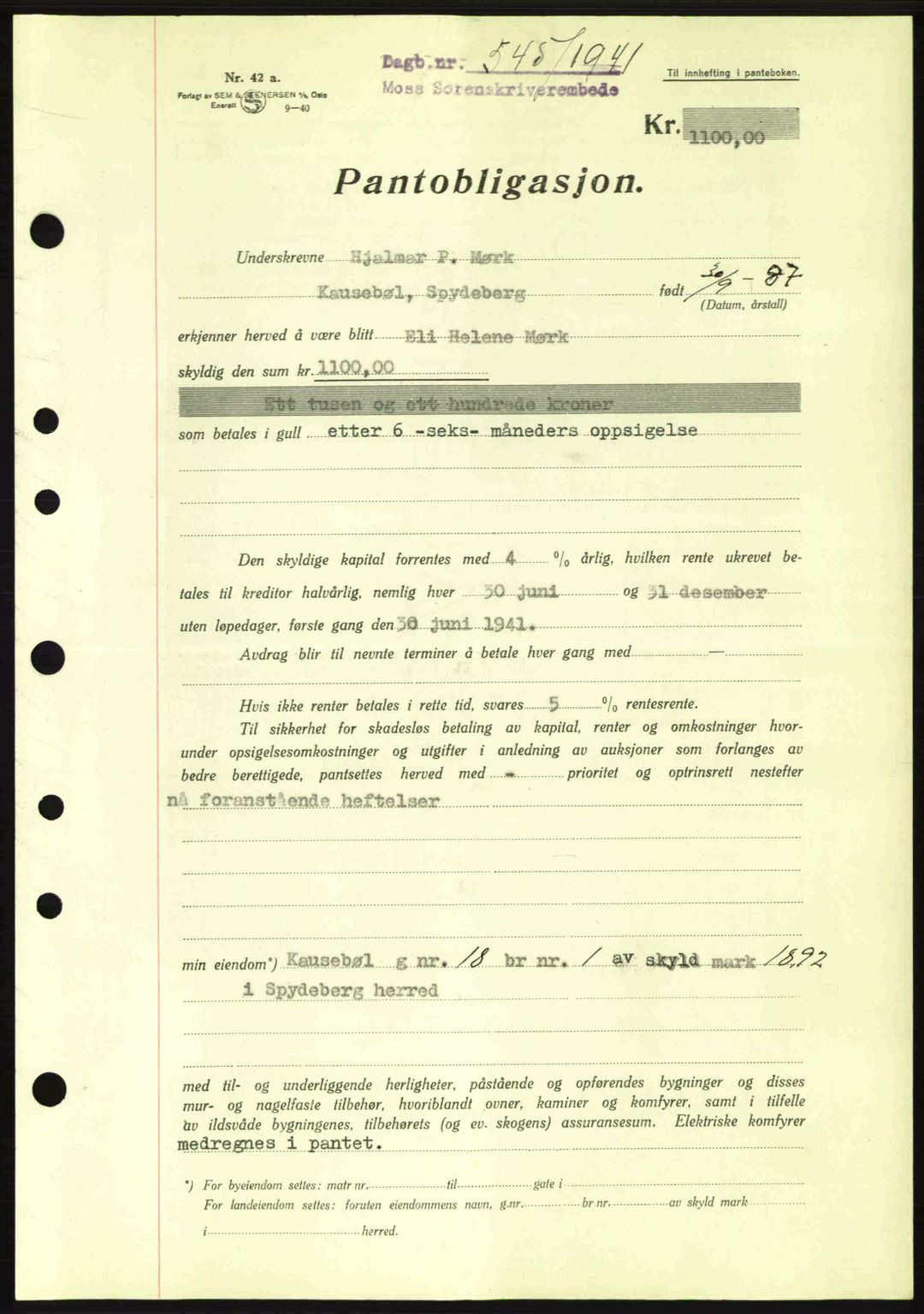 Moss sorenskriveri, SAO/A-10168: Mortgage book no. B10, 1940-1941, Diary no: : 545/1941