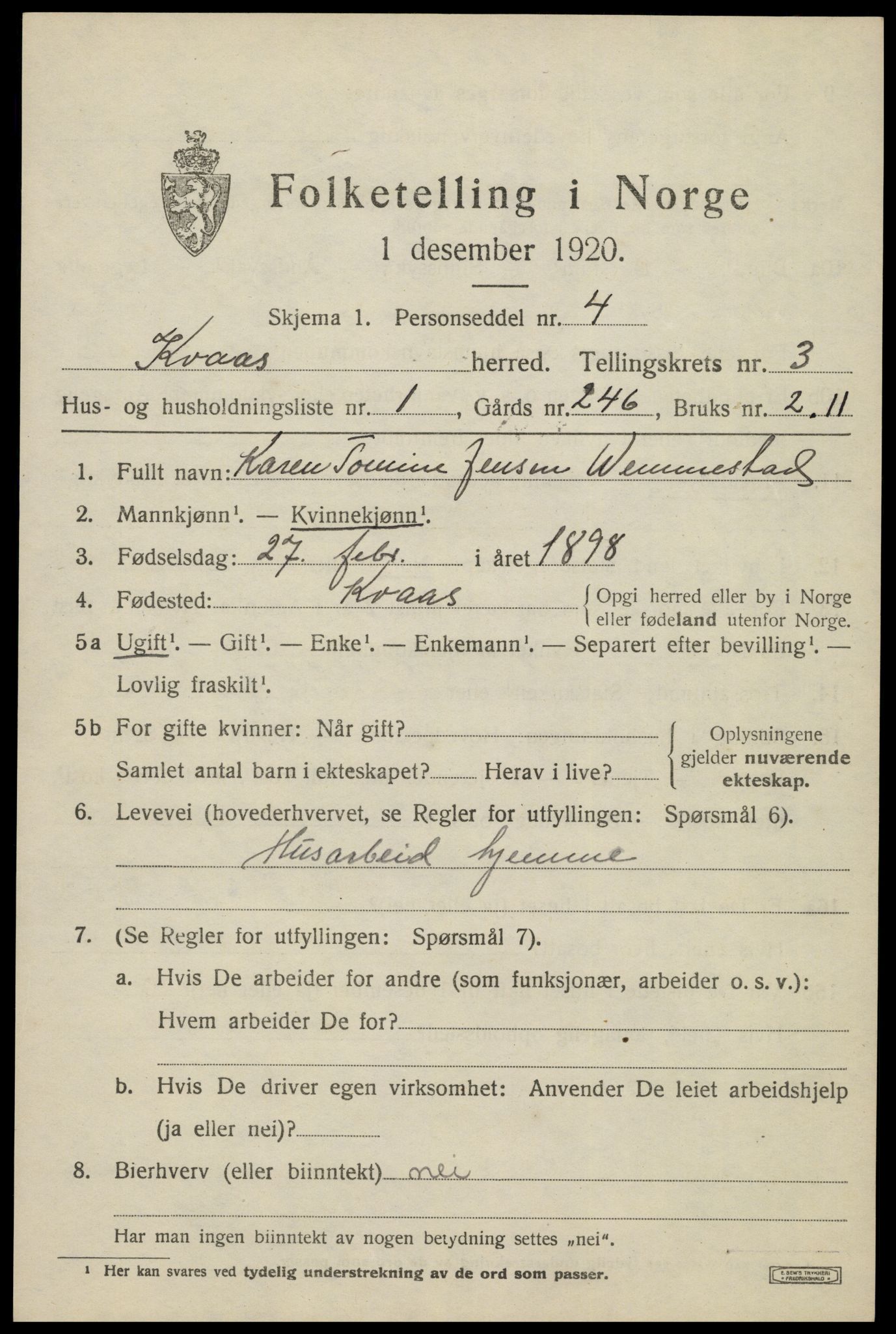 SAK, 1920 census for Kvås, 1920, p. 780