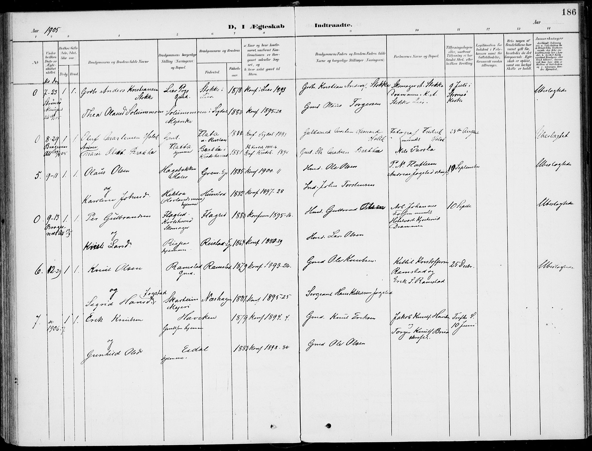 Sigdal kirkebøker, AV/SAKO-A-245/F/Fb/L0002: Parish register (official) no. II 2, 1901-1914, p. 186