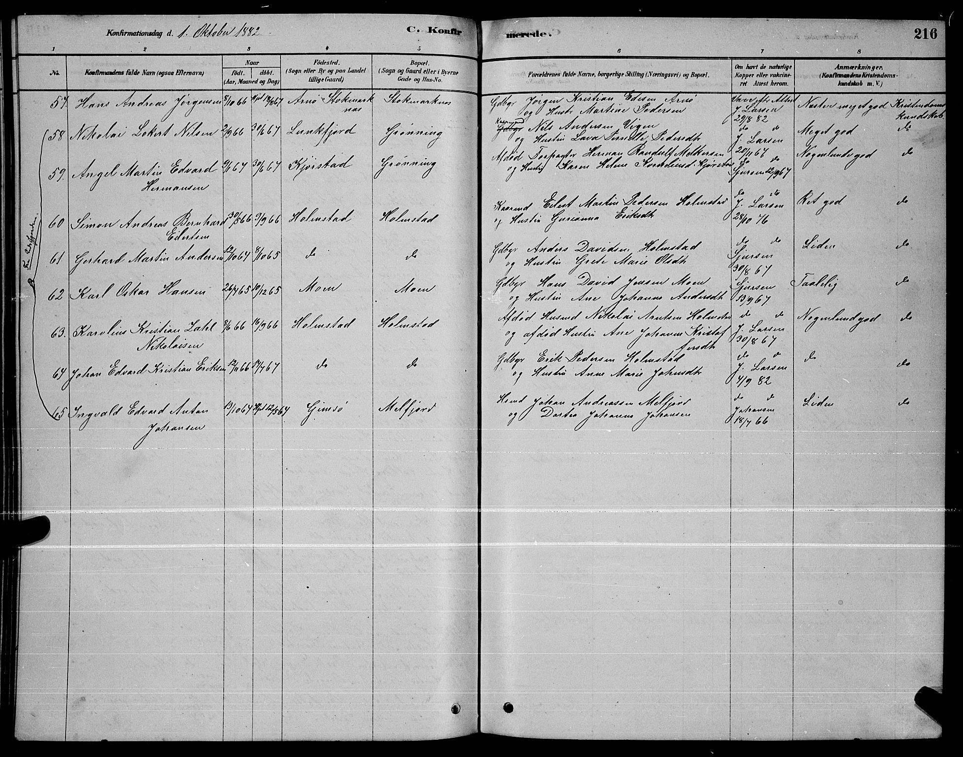 Ministerialprotokoller, klokkerbøker og fødselsregistre - Nordland, AV/SAT-A-1459/888/L1267: Parish register (copy) no. 888C05, 1878-1890, p. 216