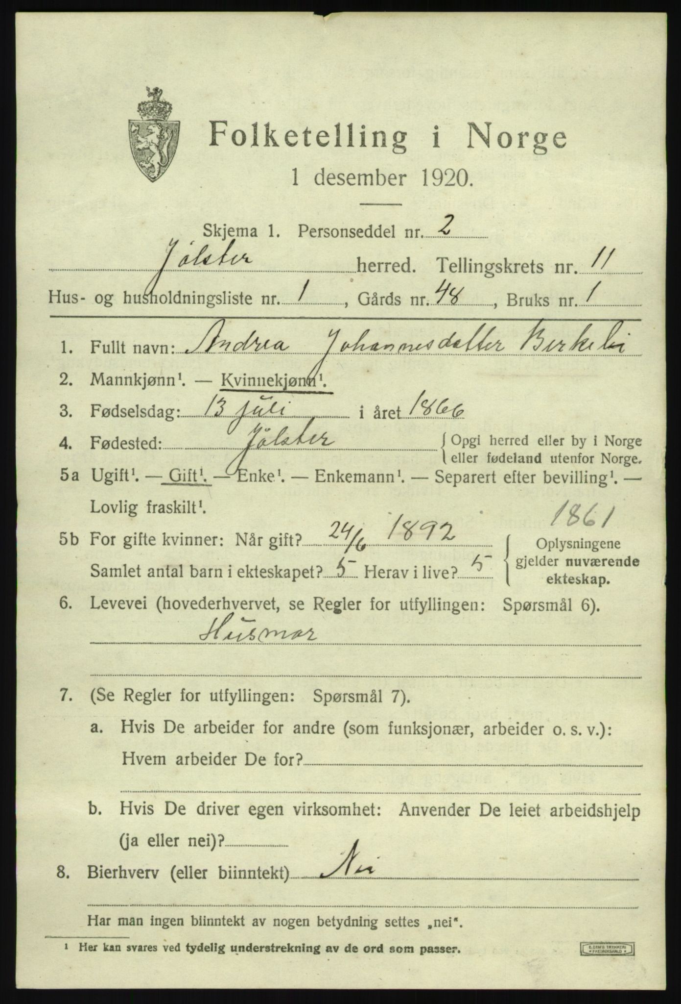 SAB, 1920 census for Jølster, 1920, p. 5056