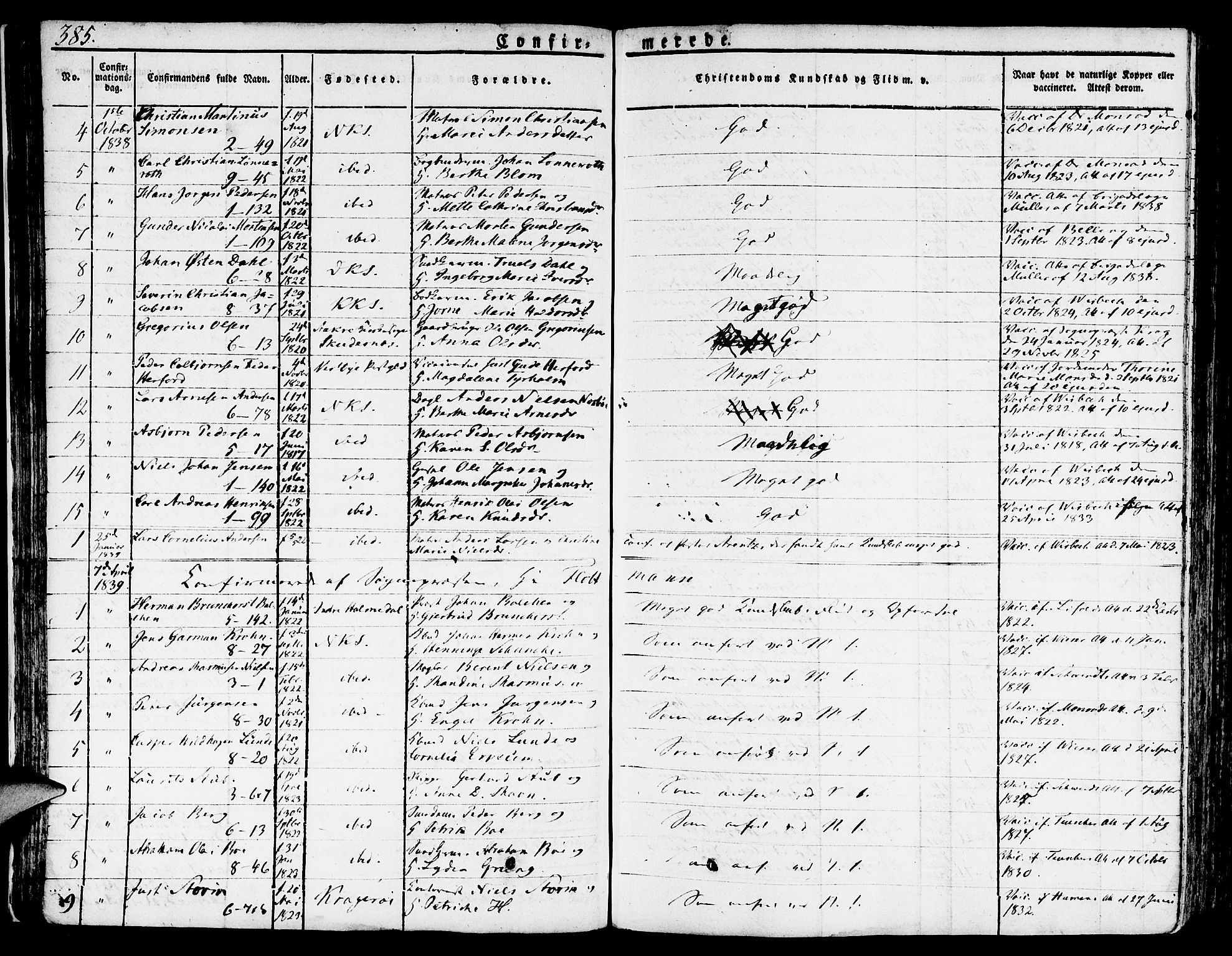 Nykirken Sokneprestembete, SAB/A-77101/H/Hab: Parish register (copy) no. A 5II, 1821-1843, p. 385