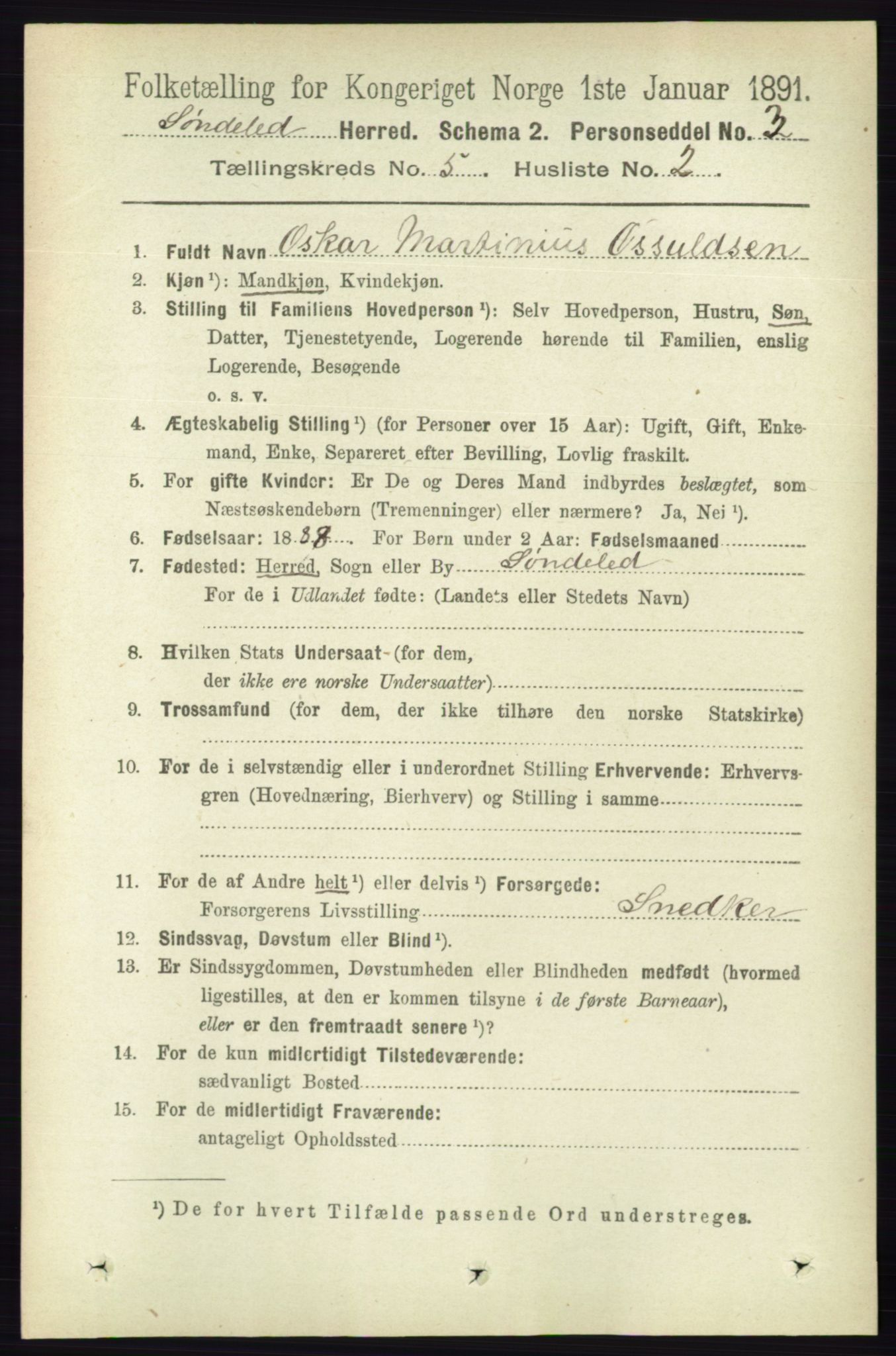 RA, 1891 census for 0913 Søndeled, 1891, p. 1224