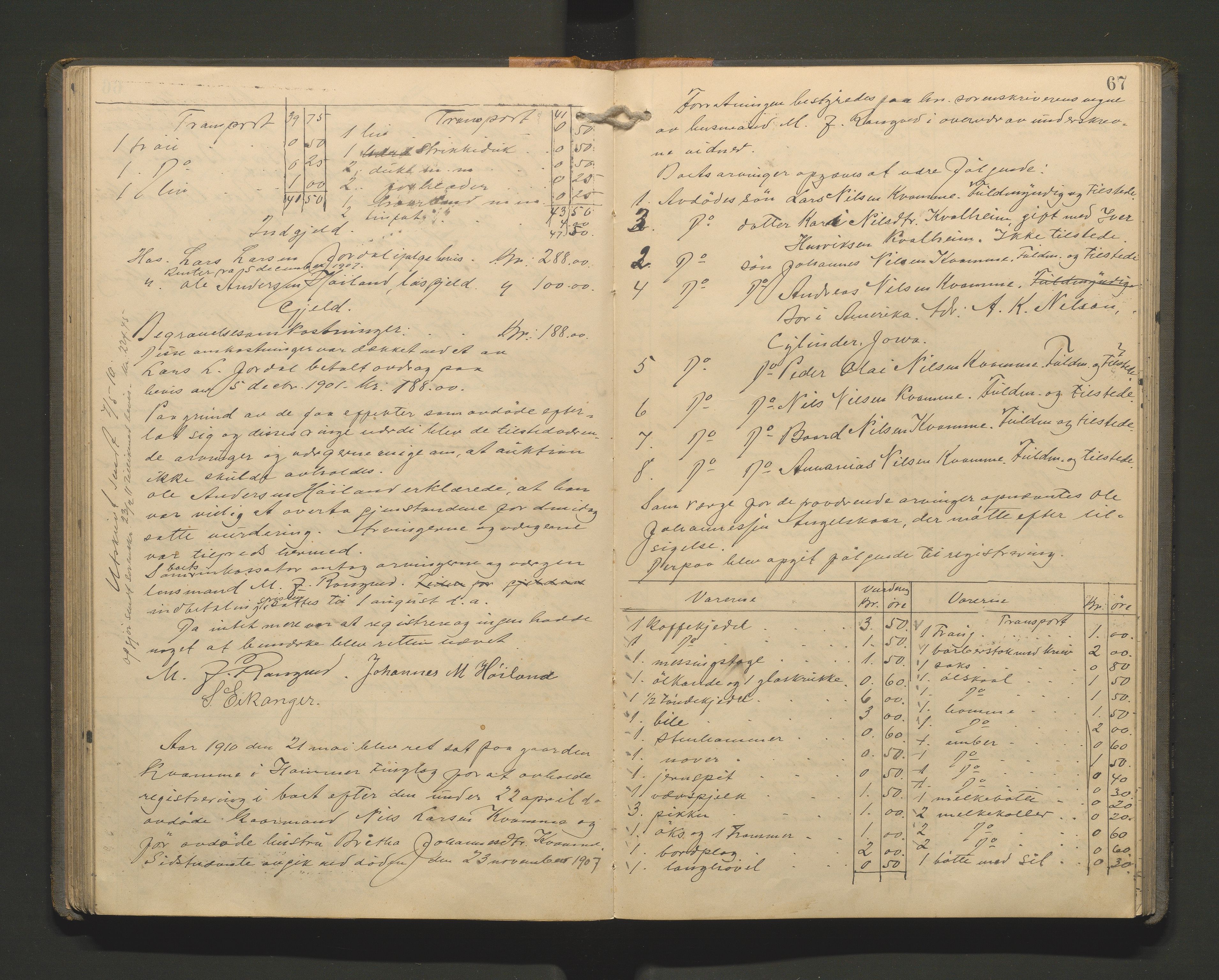 Lensmannen i Hamre, SAB/A-32601/0006/L0003: Registreringsprotokoll, 1904-1917, p. 66b-67a