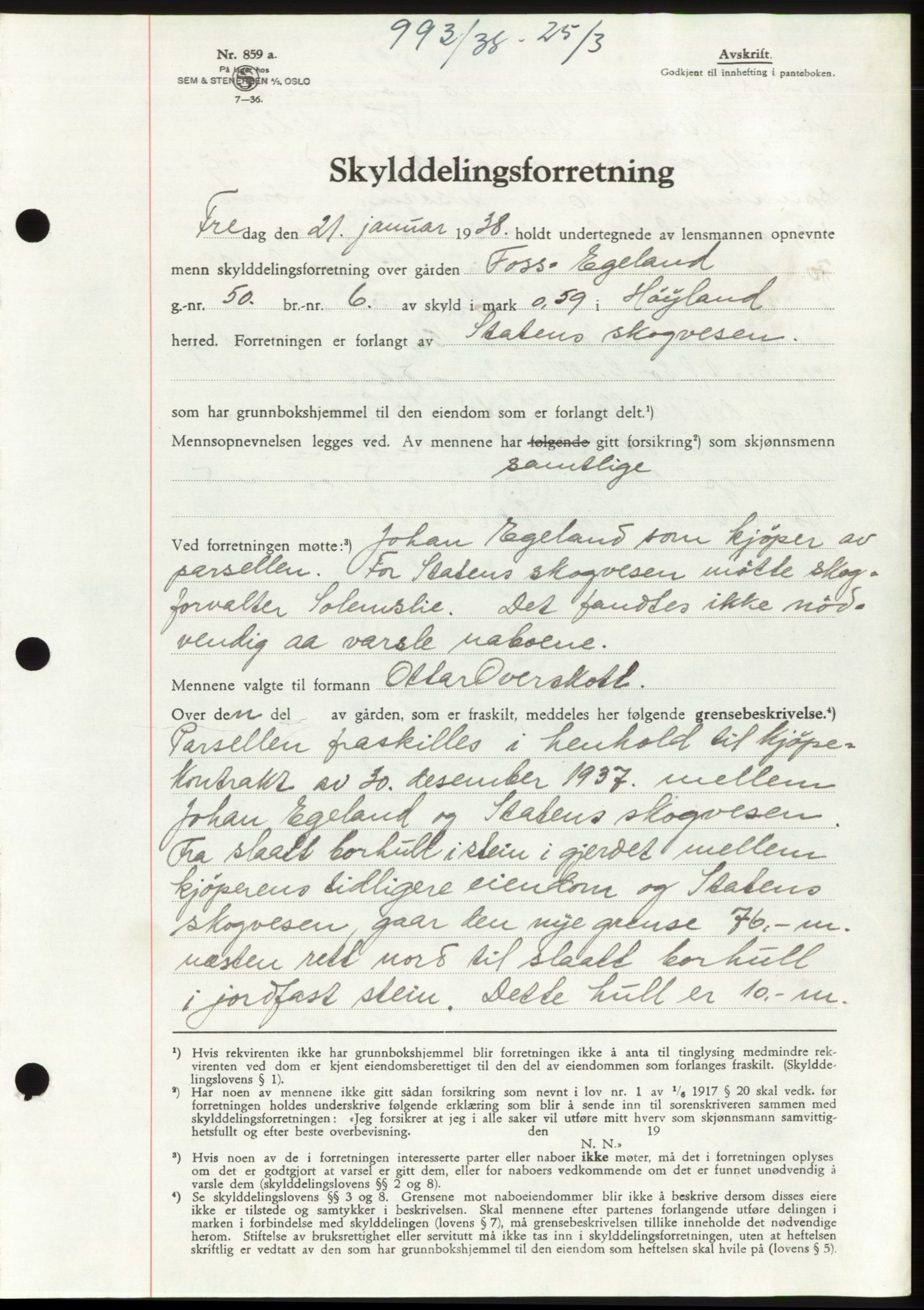 Jæren sorenskriveri, AV/SAST-A-100310/03/G/Gba/L0070: Mortgage book, 1938-1938, Diary no: : 993/1938