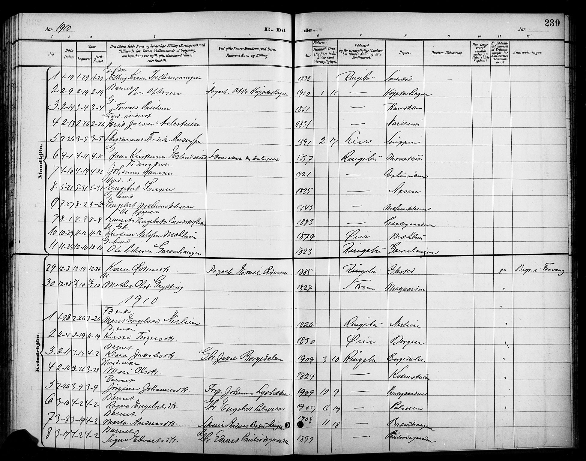 Ringebu prestekontor, AV/SAH-PREST-082/H/Ha/Hab/L0009: Parish register (copy) no. 9, 1899-1921, p. 239