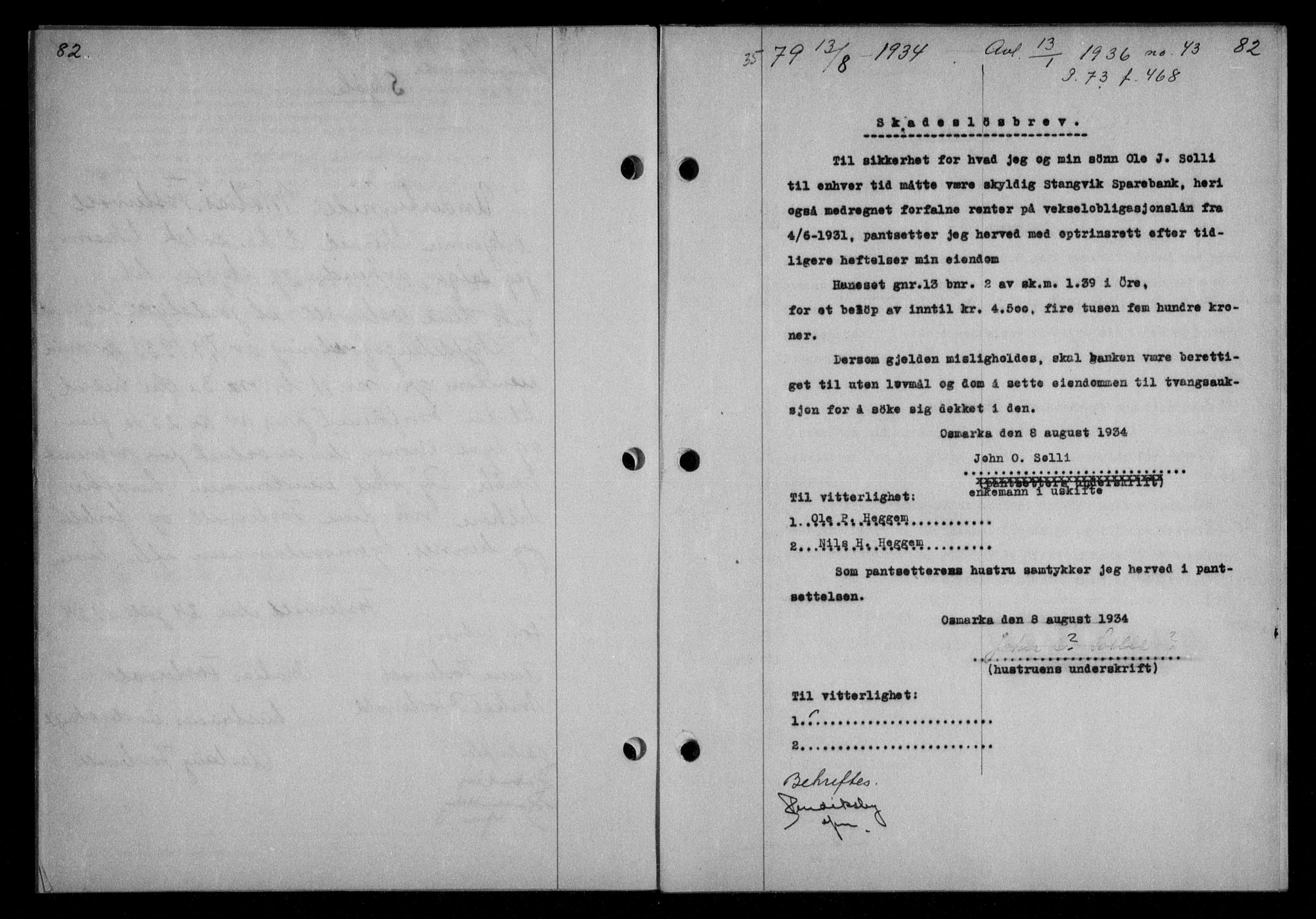 Nordmøre sorenskriveri, AV/SAT-A-4132/1/2/2Ca/L0082: Mortgage book no. 72, 1934-1934, Deed date: 13.08.1934