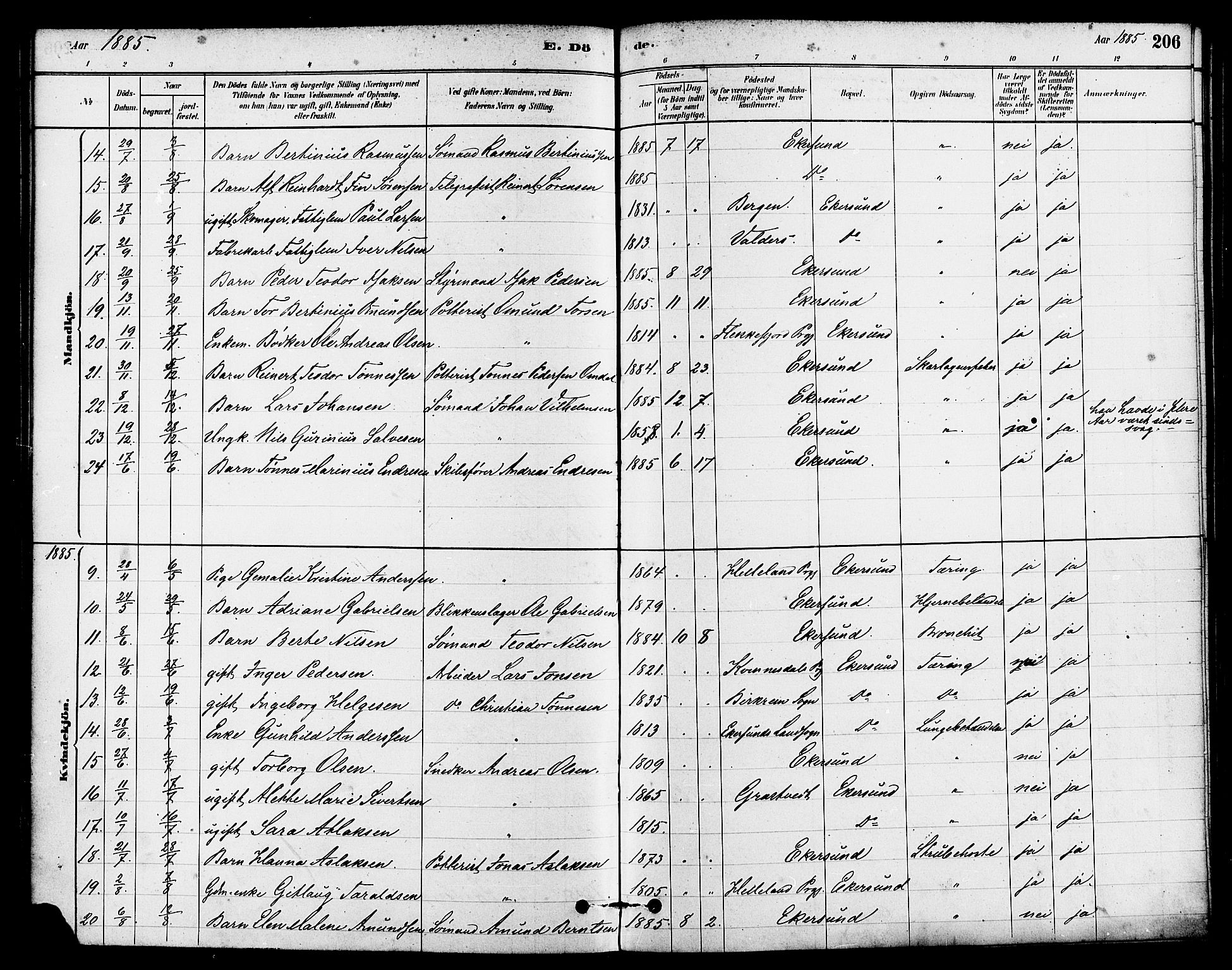 Eigersund sokneprestkontor, AV/SAST-A-101807/S08/L0015: Parish register (official) no. A 15, 1879-1892, p. 206