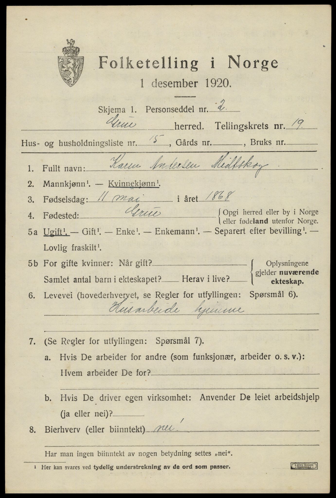 SAH, 1920 census for Grue, 1920, p. 14921