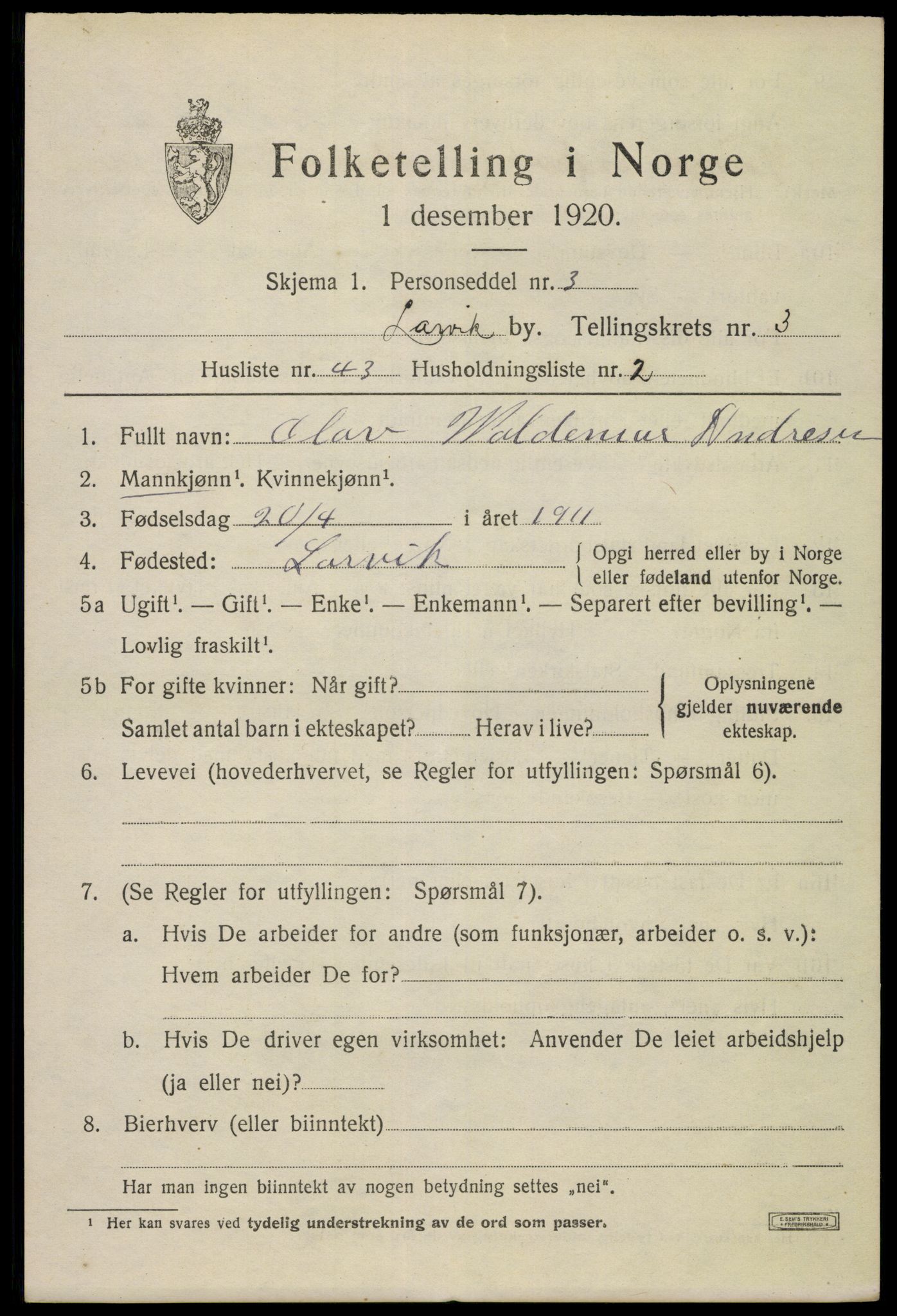 SAKO, 1920 census for Larvik, 1920, p. 13008