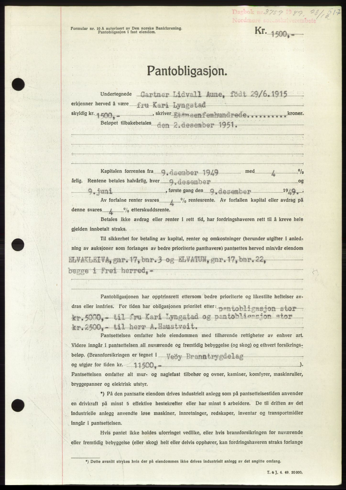 Nordmøre sorenskriveri, AV/SAT-A-4132/1/2/2Ca: Mortgage book no. B103, 1949-1950, Diary no: : 3759/1949