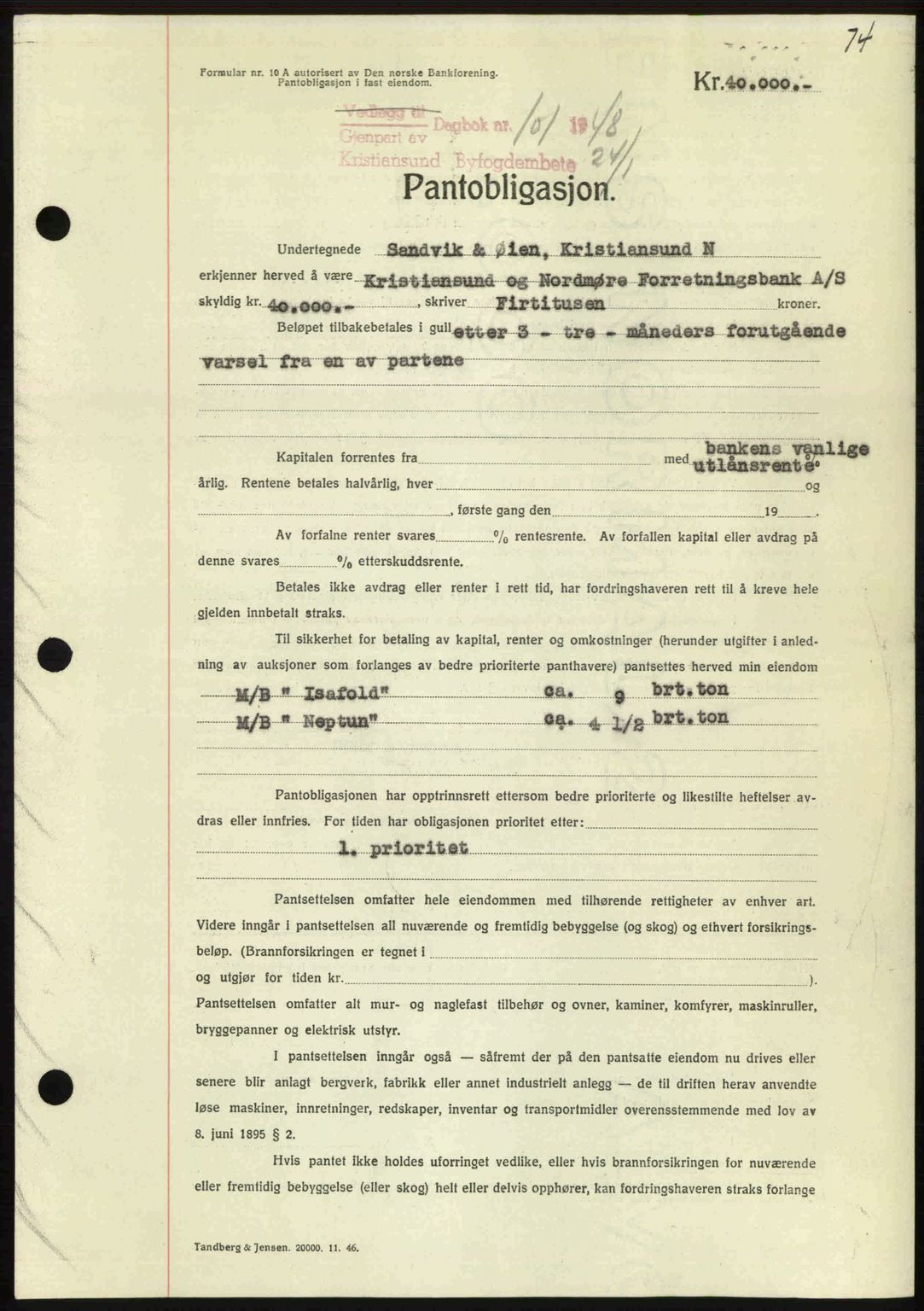 Kristiansund byfogd, AV/SAT-A-4587/A/27: Mortgage book no. 44, 1947-1948, Diary no: : 101/1948