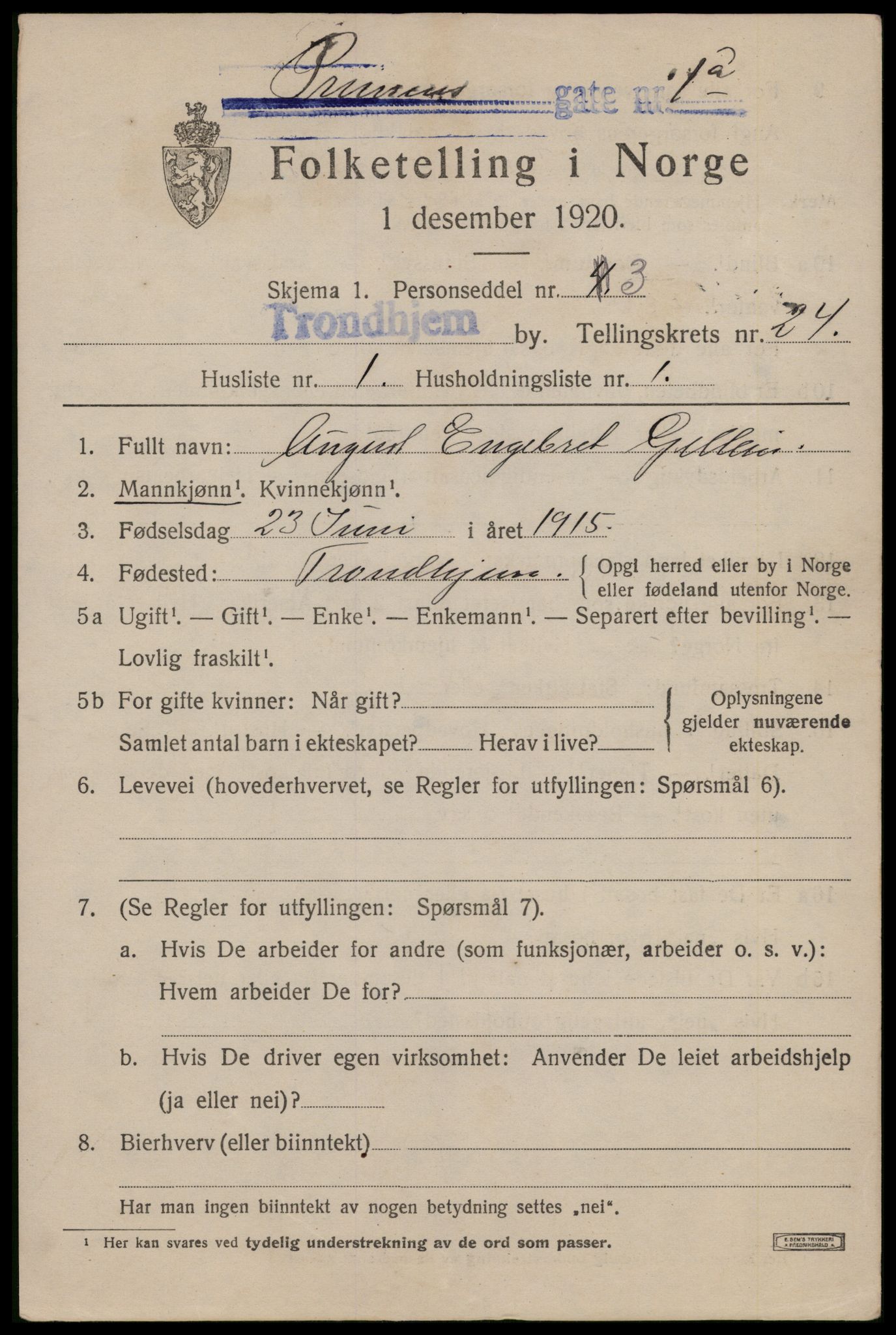 SAT, 1920 census for Trondheim, 1920, p. 65352