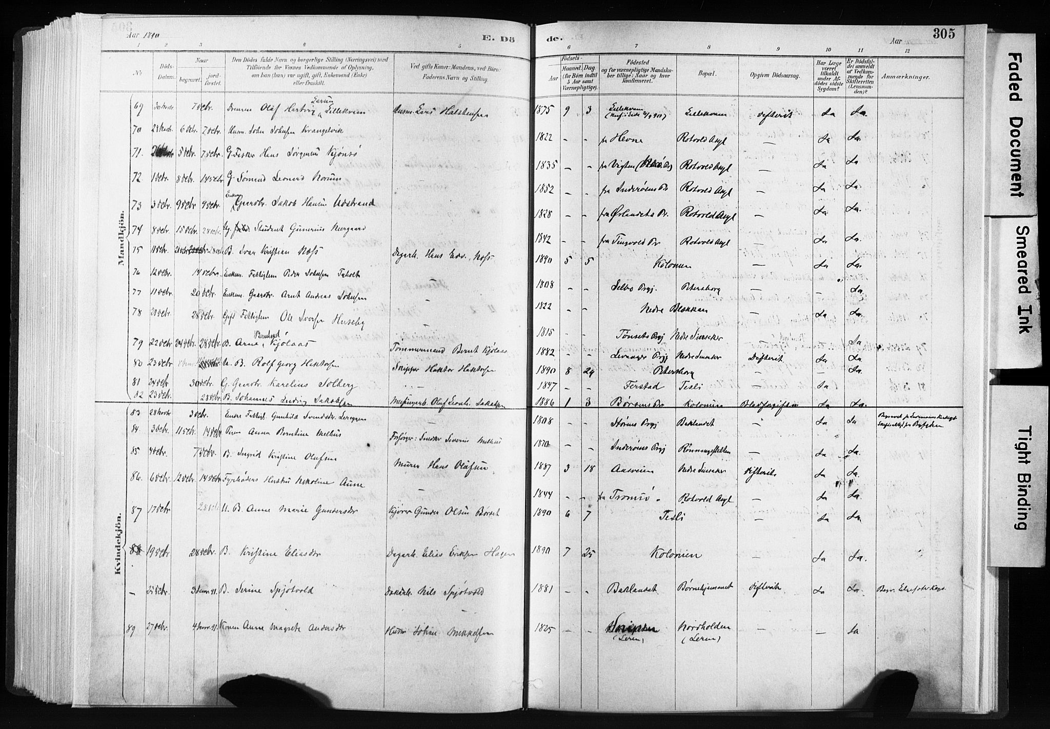 Ministerialprotokoller, klokkerbøker og fødselsregistre - Sør-Trøndelag, SAT/A-1456/606/L0300: Parish register (official) no. 606A15, 1886-1893, p. 305
