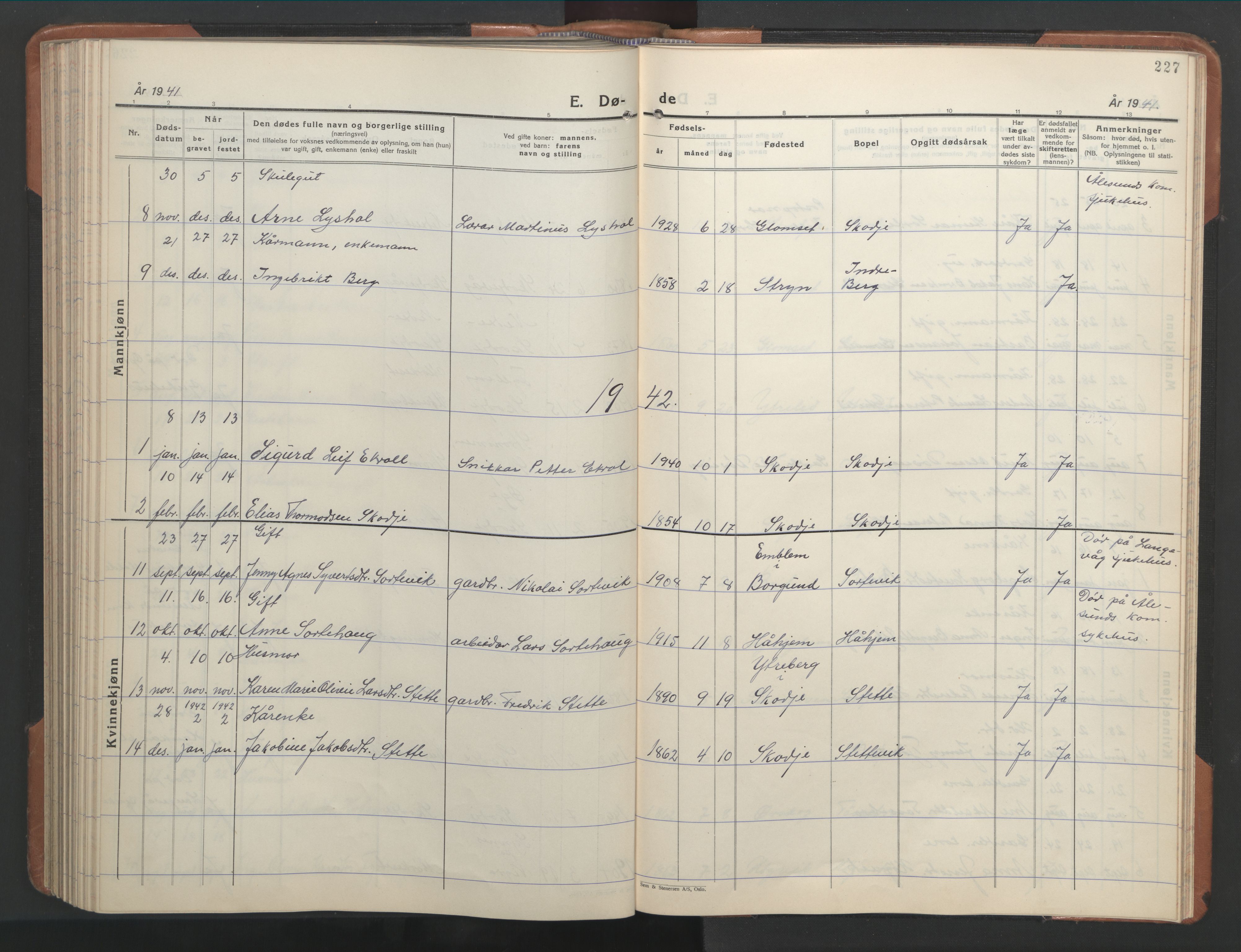 Ministerialprotokoller, klokkerbøker og fødselsregistre - Møre og Romsdal, SAT/A-1454/524/L0367: Parish register (copy) no. 524C08, 1932-1951, p. 227