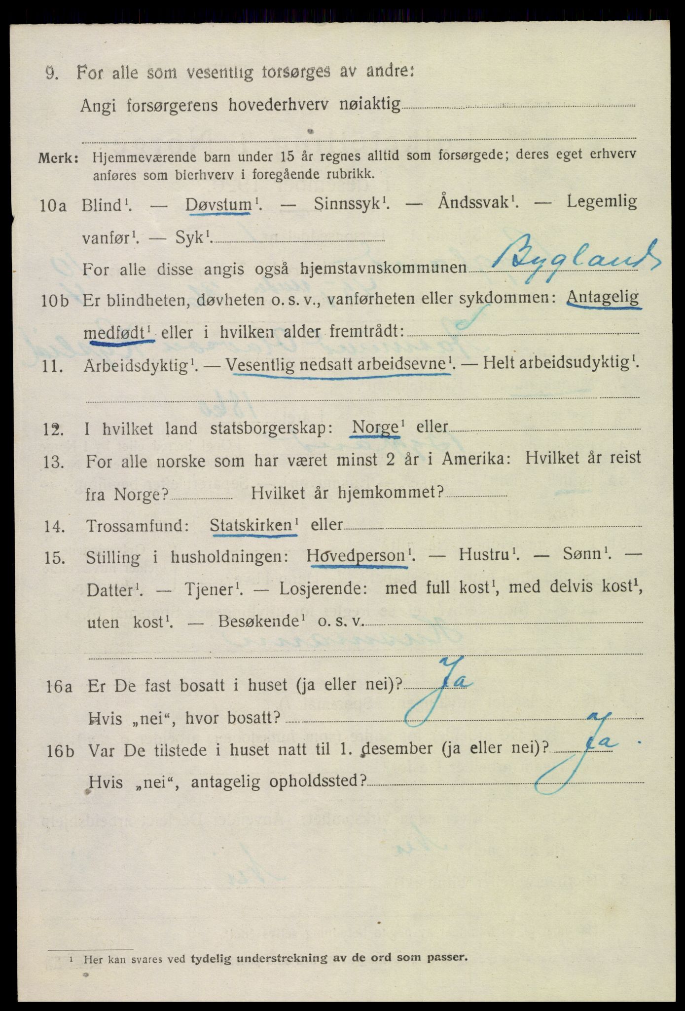 SAK, 1920 census for Bygland, 1920, p. 4122