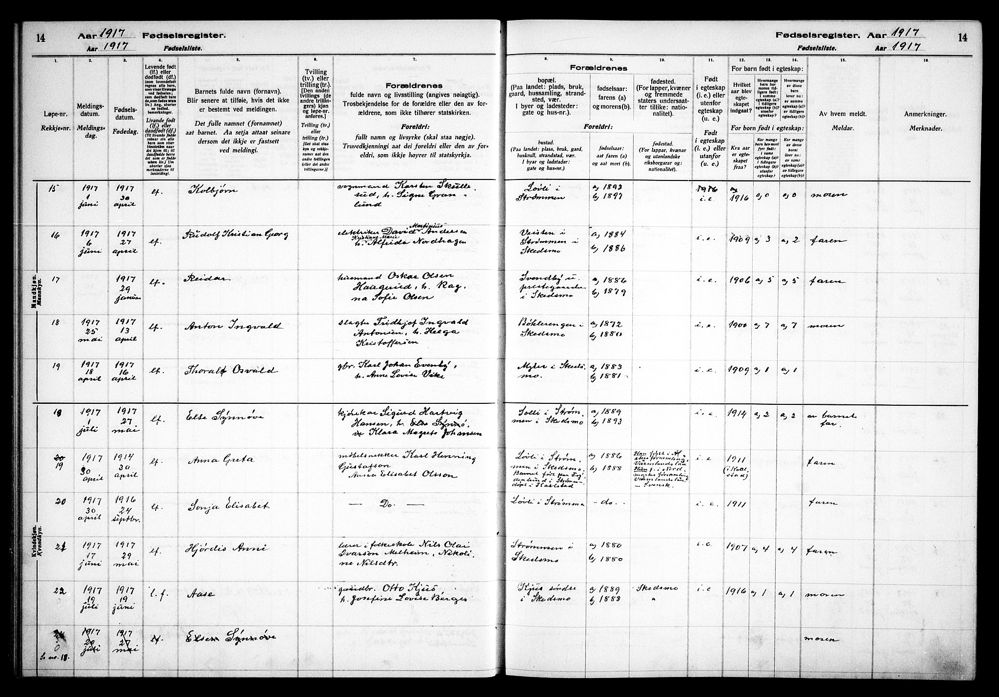 Skedsmo prestekontor Kirkebøker, AV/SAO-A-10033a/J/Ja/L0001: Birth register no. I 1, 1916-1931, p. 14