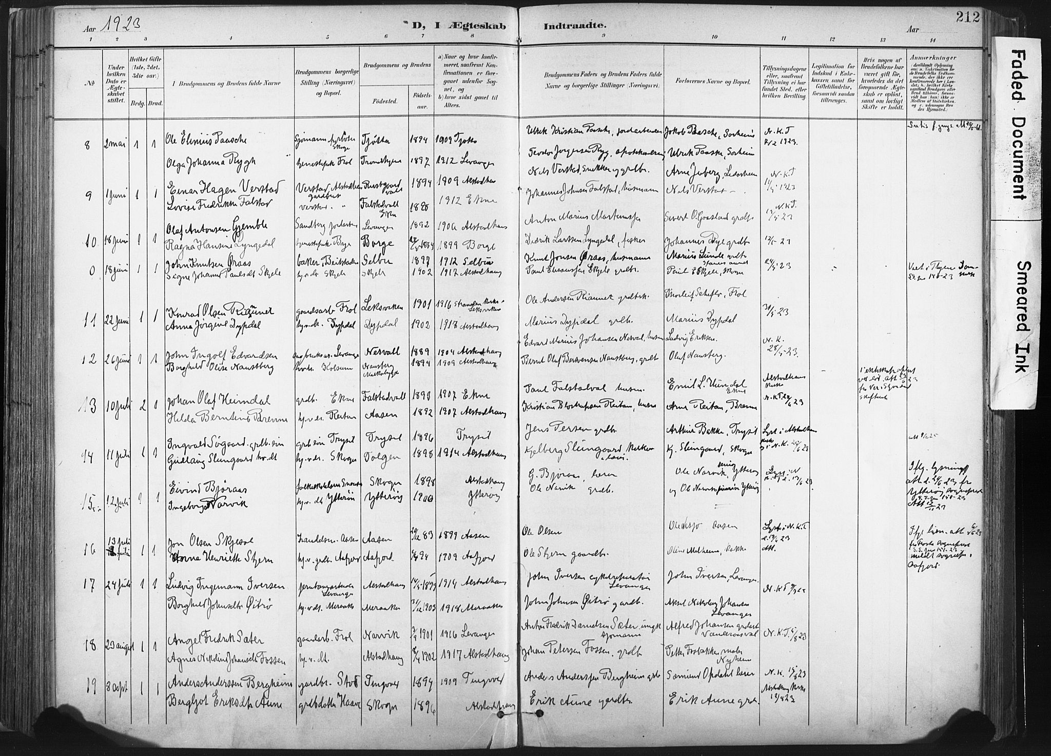 Ministerialprotokoller, klokkerbøker og fødselsregistre - Nord-Trøndelag, AV/SAT-A-1458/717/L0162: Parish register (official) no. 717A12, 1898-1923, p. 212