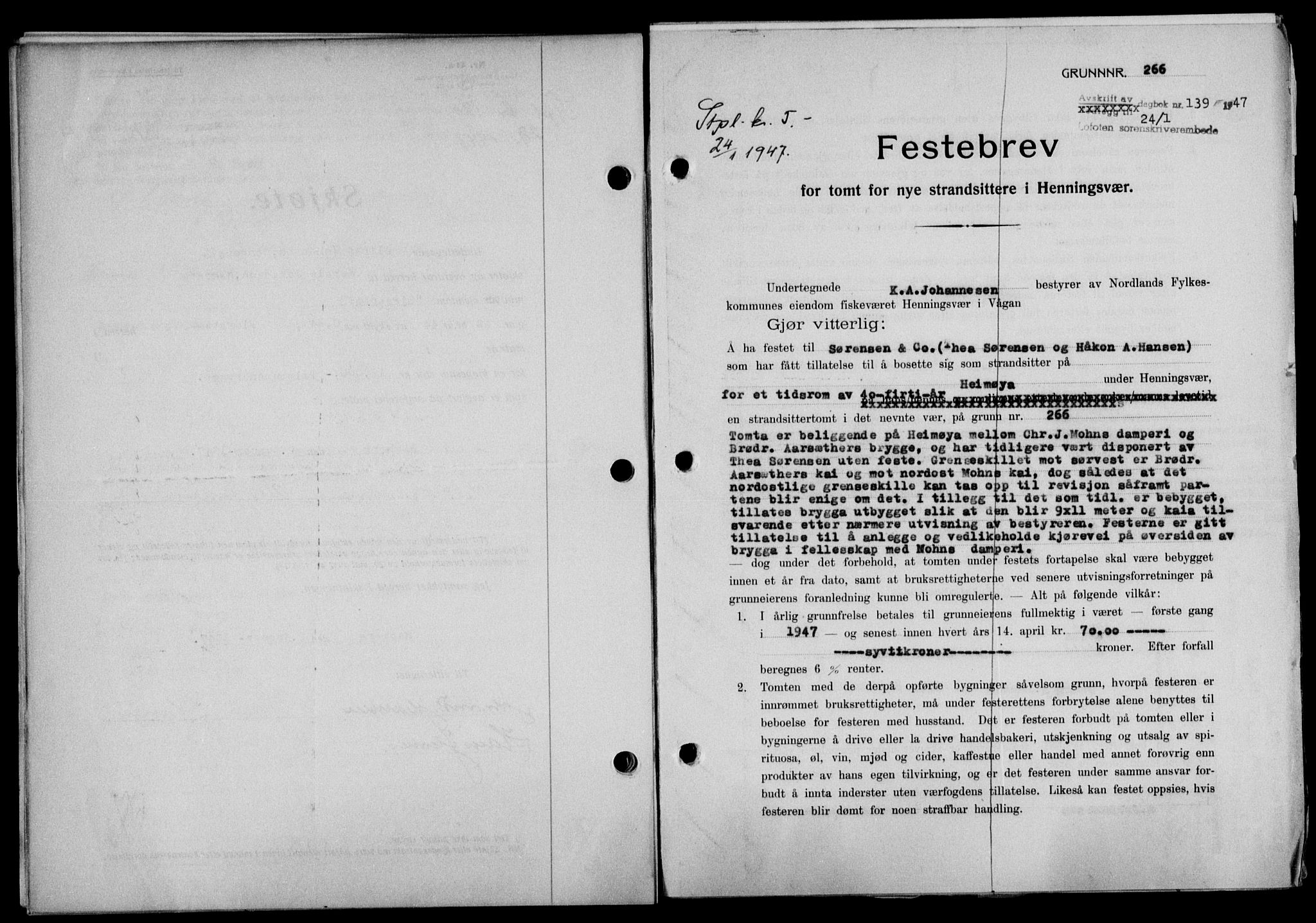 Lofoten sorenskriveri, SAT/A-0017/1/2/2C/L0015a: Mortgage book no. 15a, 1946-1947, Diary no: : 139/1947