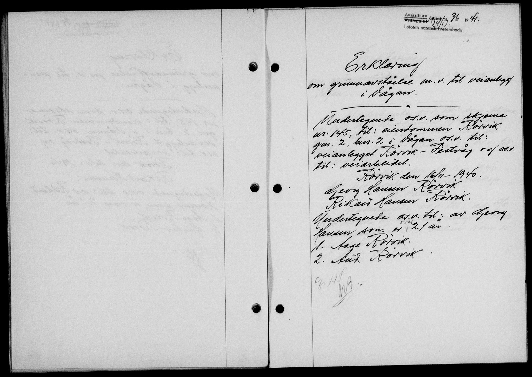 Lofoten sorenskriveri, SAT/A-0017/1/2/2C/L0008a: Mortgage book no. 8a, 1940-1941, Diary no: : 36/1941
