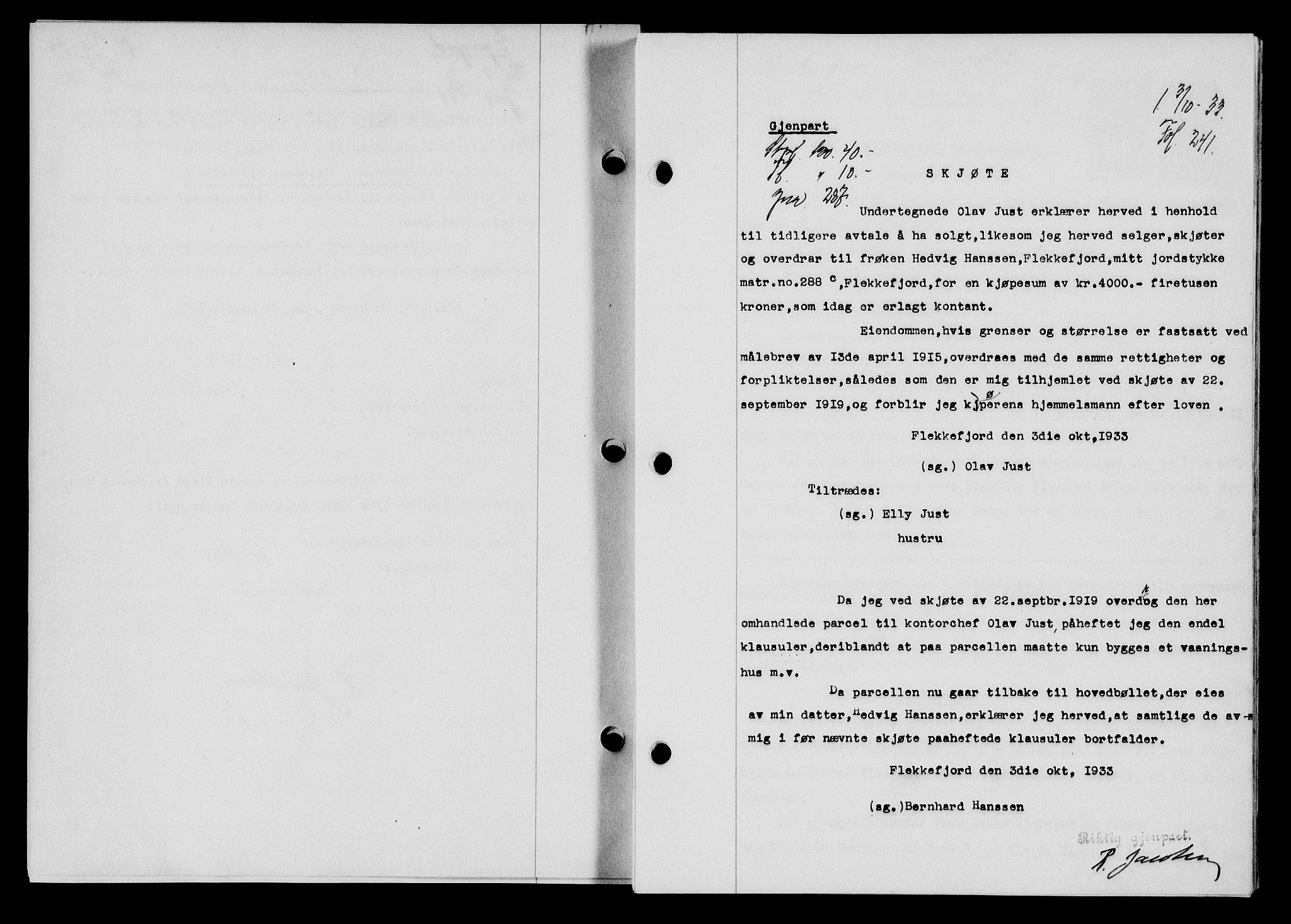 Flekkefjord sorenskriveri, SAK/1221-0001/G/Gb/Gba/L0049: Mortgage book no. 46, 1933-1934, Deed date: 03.10.1933