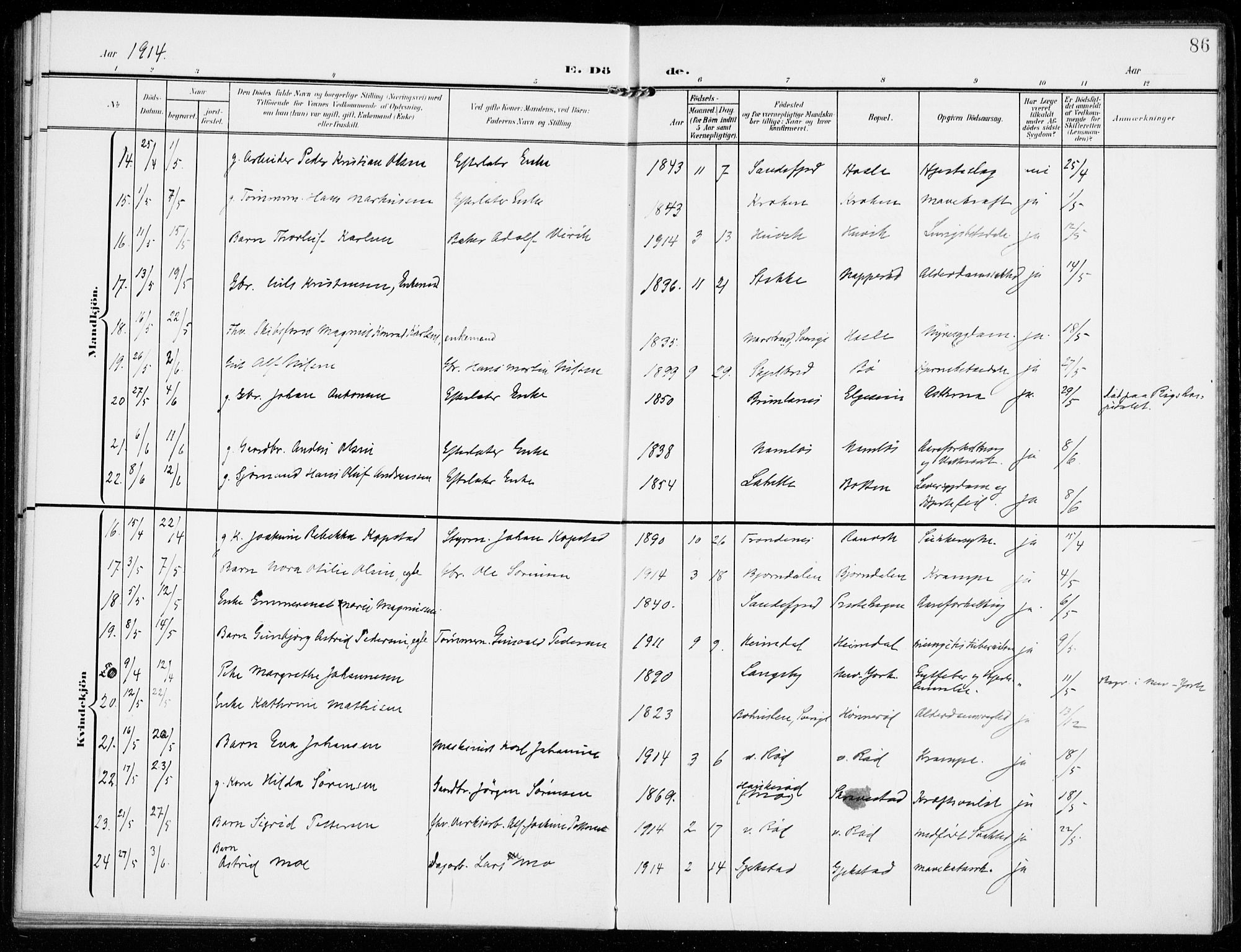 Sandar kirkebøker, AV/SAKO-A-243/F/Fa/L0019: Parish register (official) no. 19, 1908-1914, p. 86