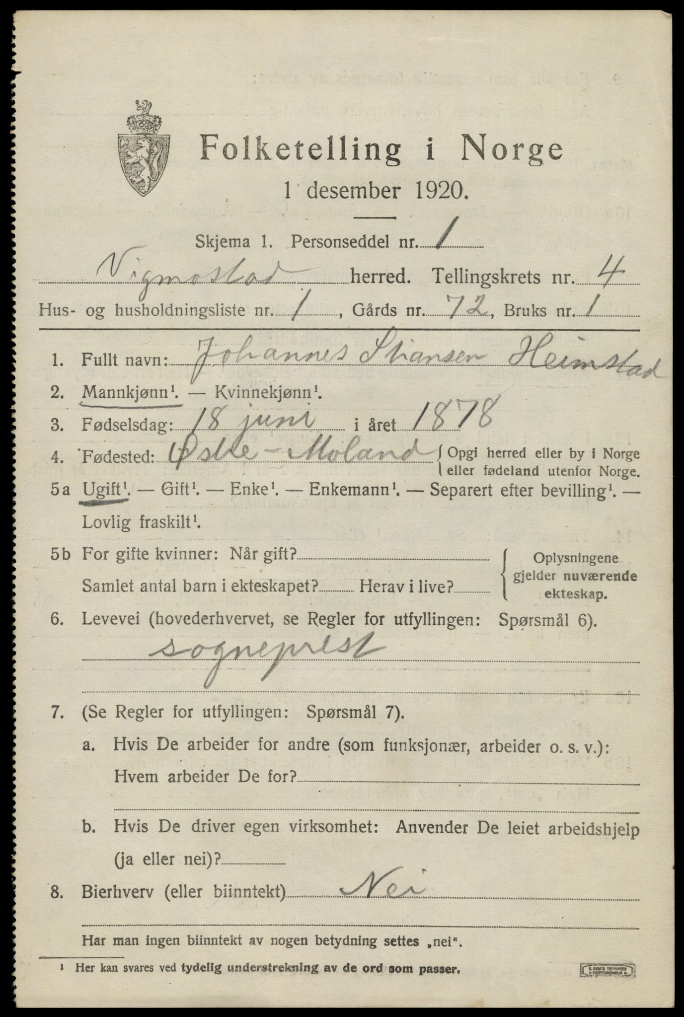 SAK, 1920 census for Vigmostad, 1920, p. 1173