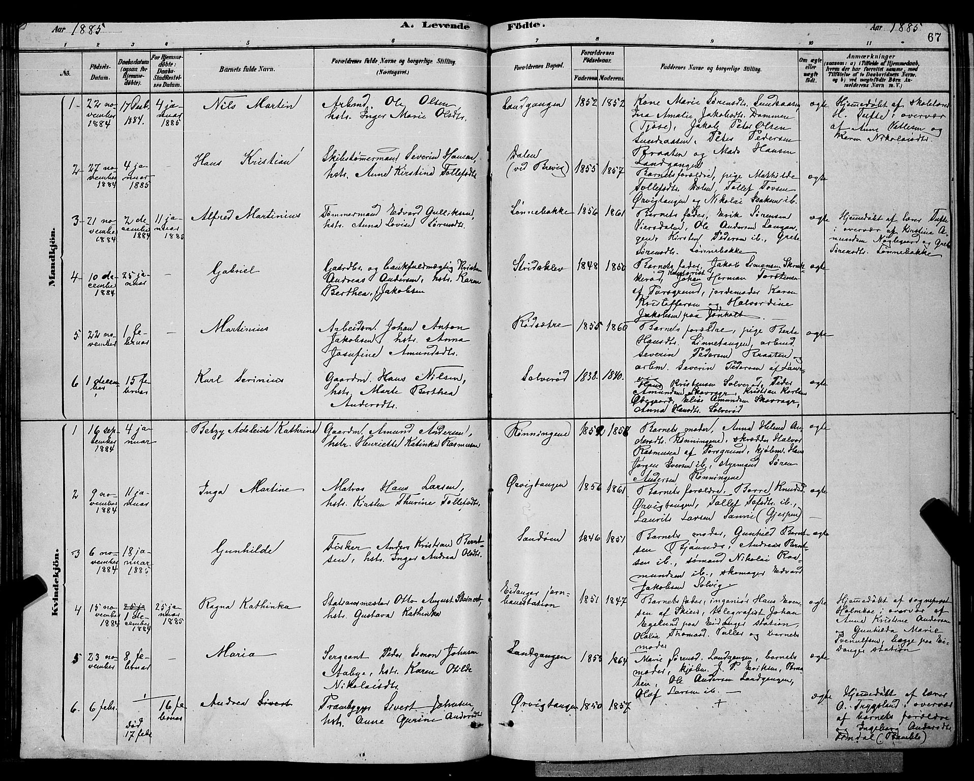 Eidanger kirkebøker, SAKO/A-261/G/Ga/L0002: Parish register (copy) no. 2, 1879-1892, p. 67