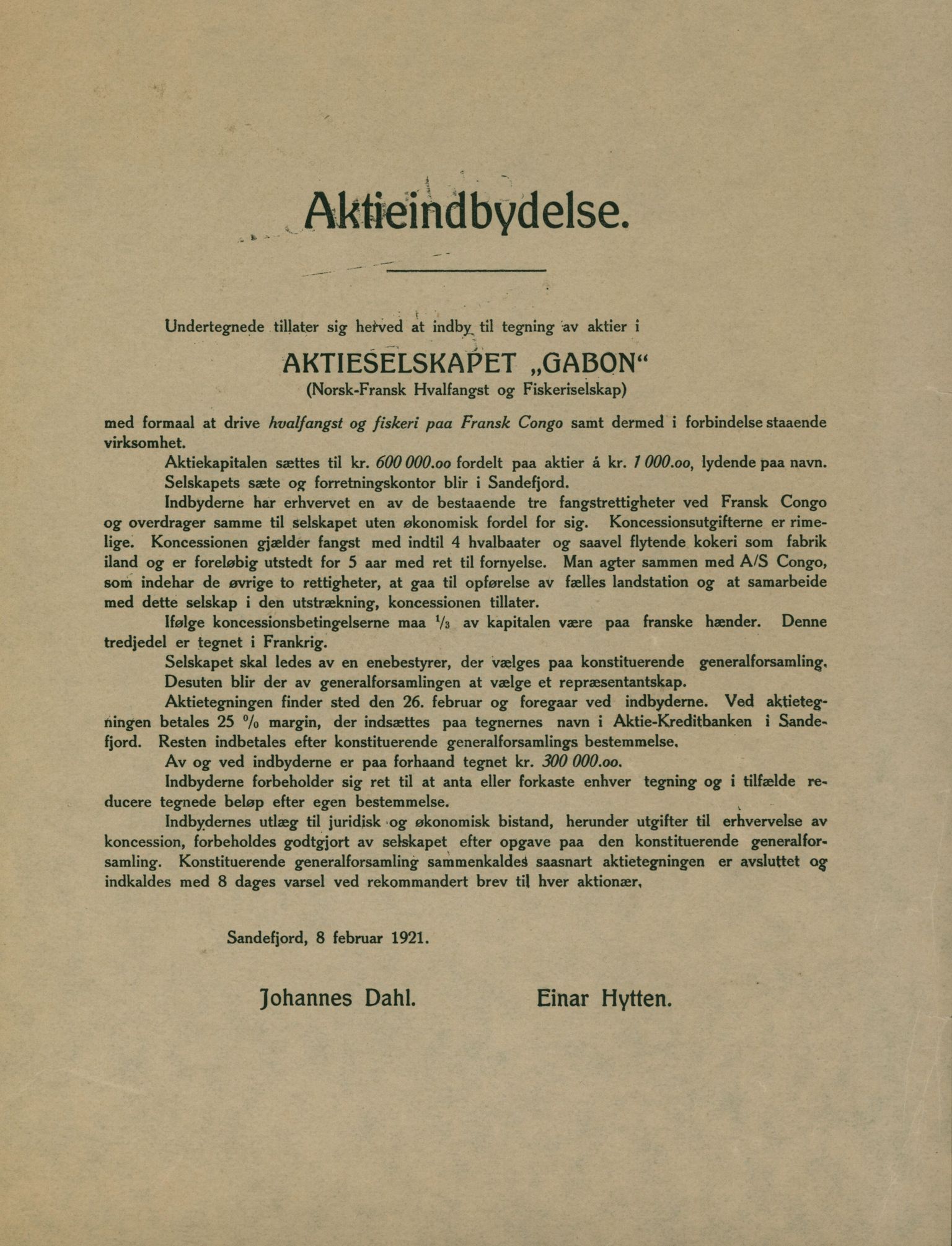 AS Gabon, VEMU/ARS-A-1328/A/L0002: Aksjeinnbydelse, vedtekter, avvikling, 1921-1932